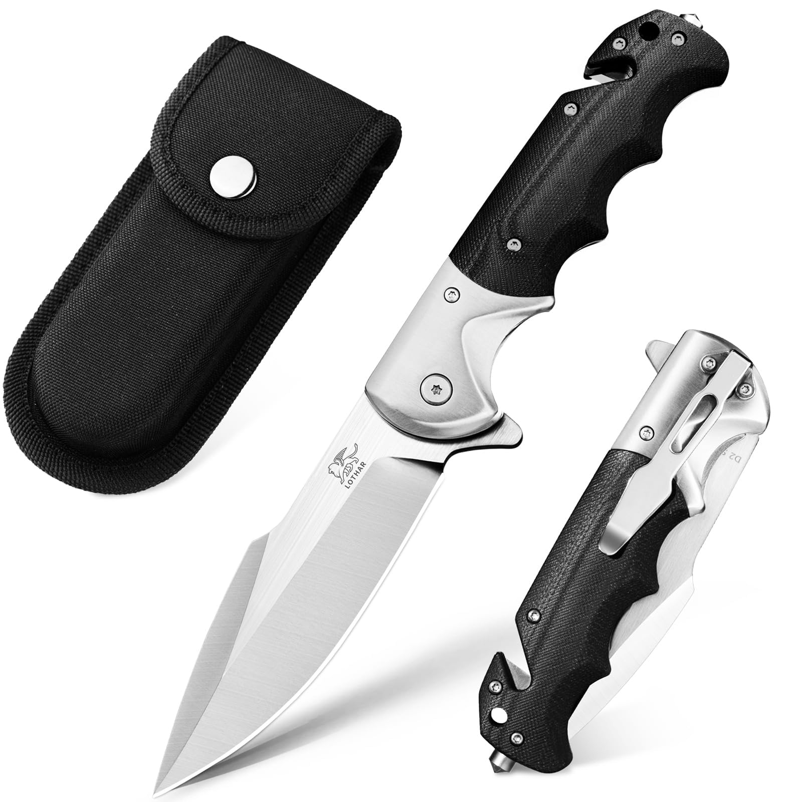 LOTHAR SMAUG 3.7 Inch D2 Steel Folding Pocket Knife with Clip - Tactical Survival Knife with G10 Handle & Glass Breaker - EDC Knife for Men Women - Perfect for Camping, Hiking, Outdoor Adventures & Valentine's Day Gifts