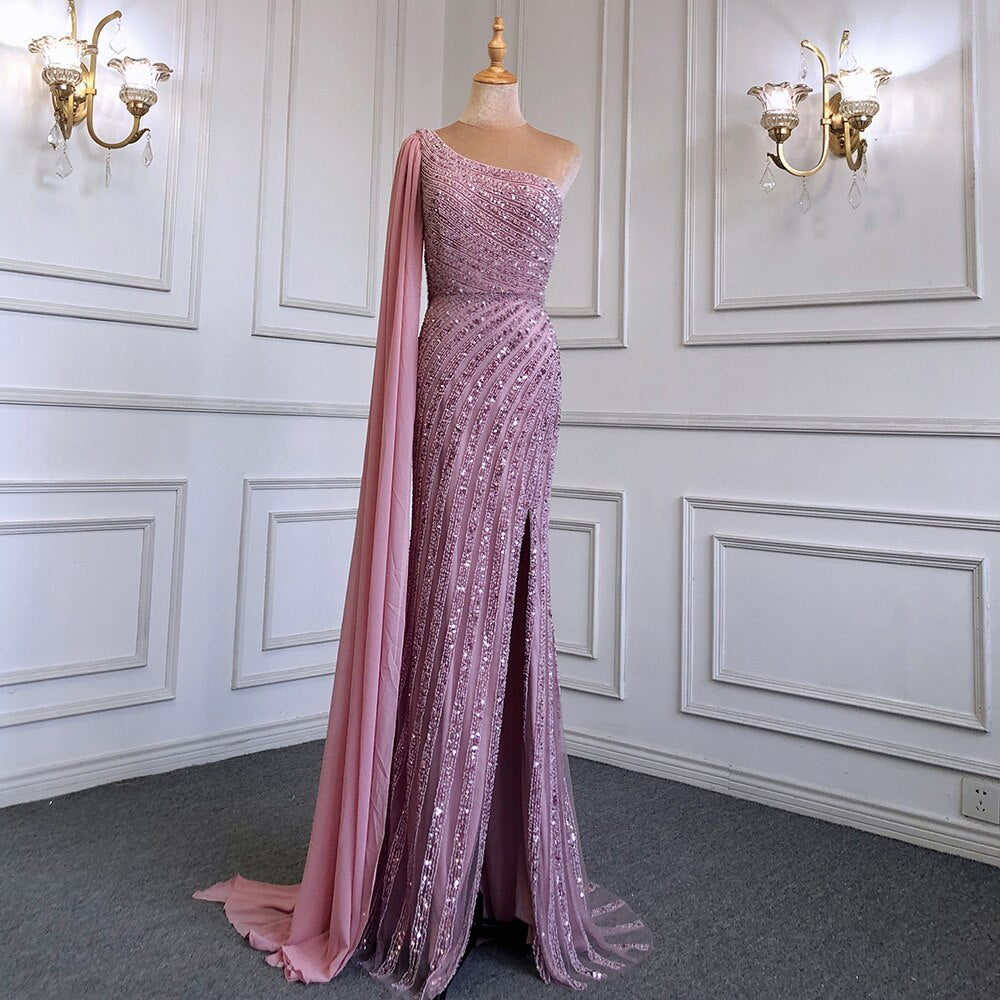 Serene Hill Caramel Mermaid Sexy High Slit Cape Sleeve Beaded Luxury Evening Gown for Women - Perfect for Weddings, Galas & Formal Parties in 2025 | LA71708