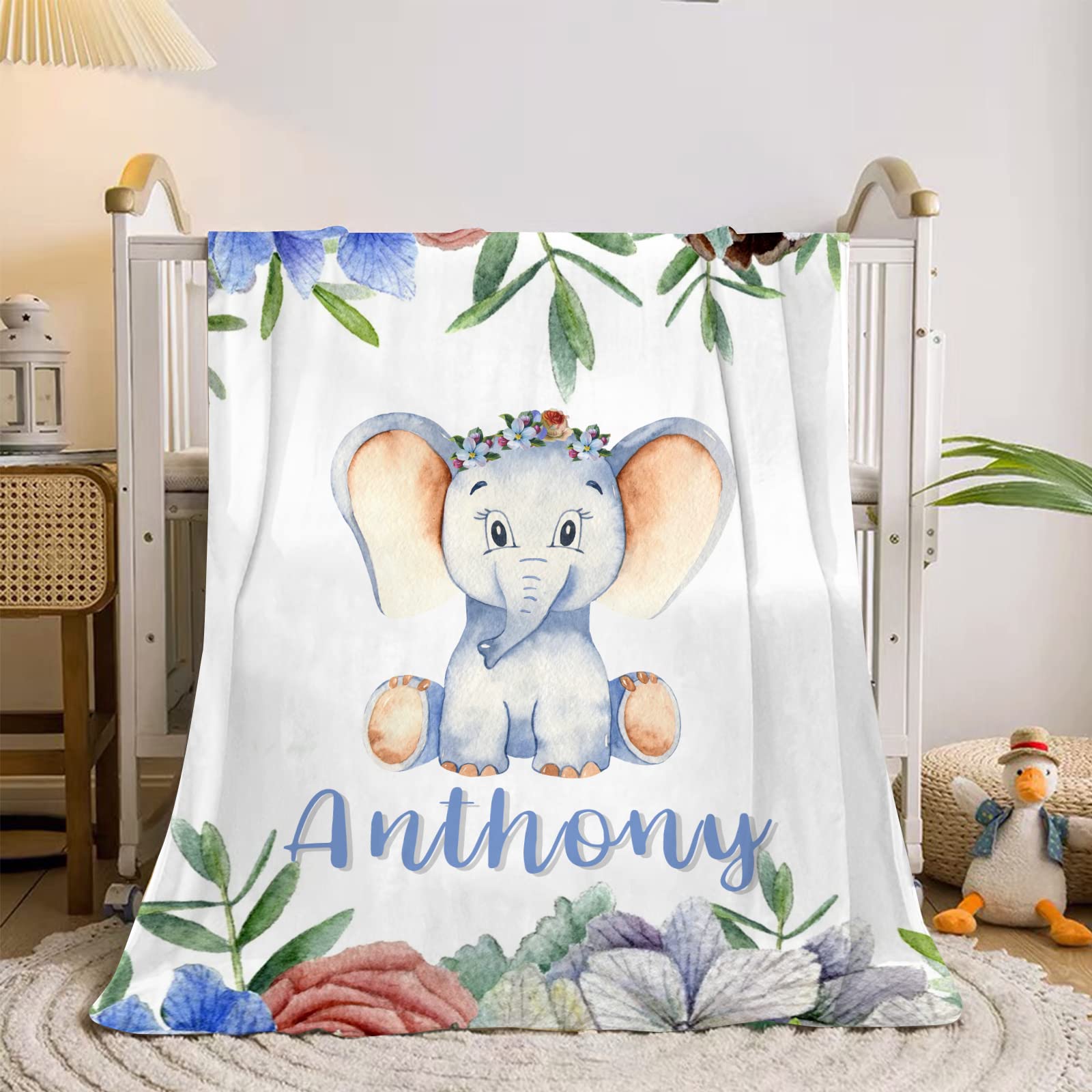 Personalized Baby Blanket with Name - Soft Fleece Flannel Blanket for Baby Girls & Boys - Elephant & Floral Design - Perfect for Nursery, Gift, and Photo Shoots