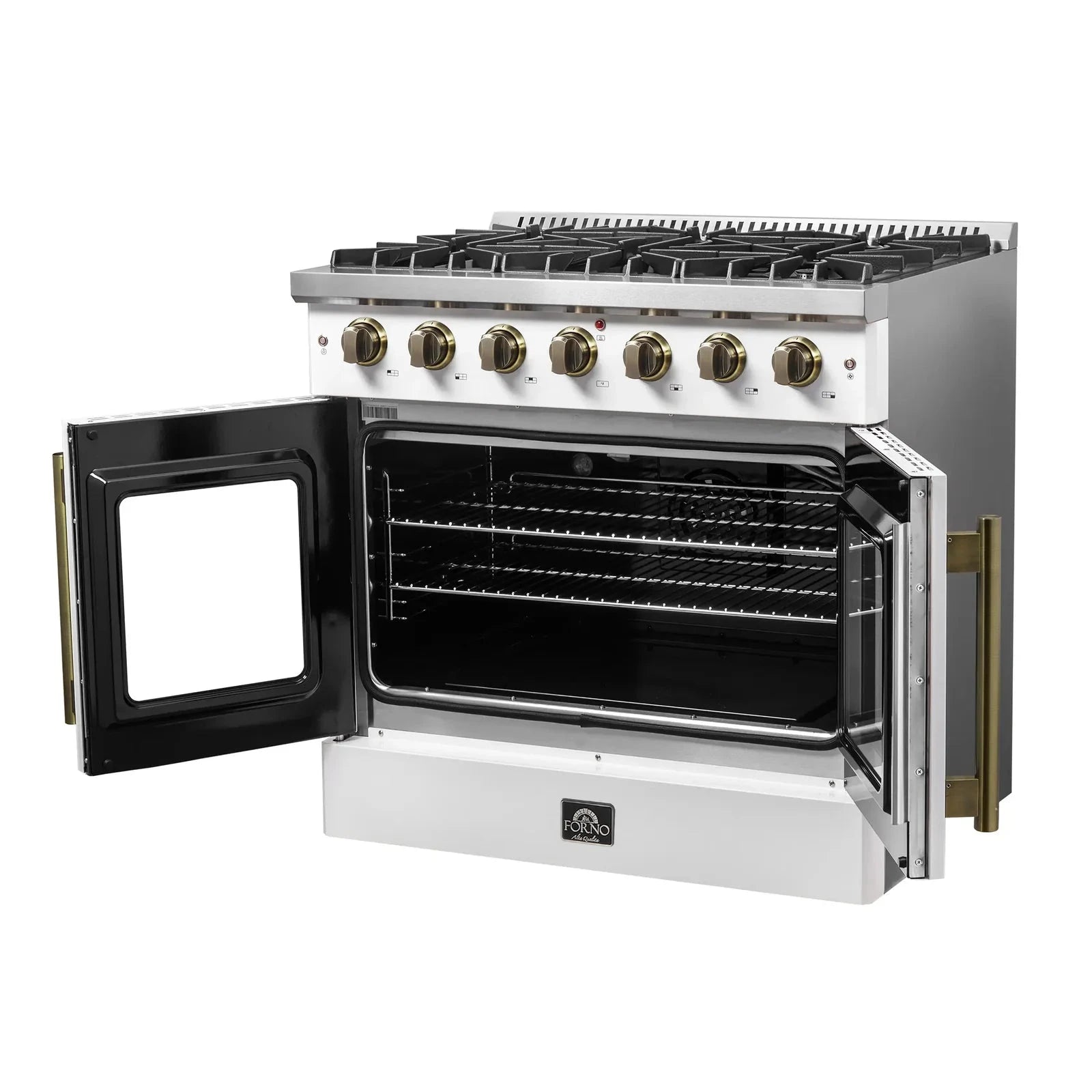 Forno Galiano 36-Inch French Door All Gas Range in White with Antique Brass Trim - Model FFSGS6444 36WHT | Professional Kitchen Appliance for Home Chefs & Modern Cooking