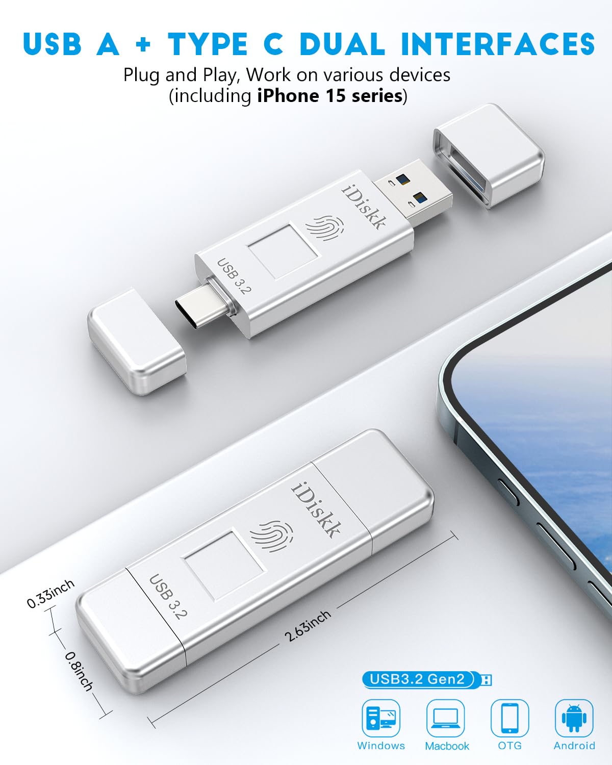 iDiskk 512GB USB 3.2 Flash Drive with Fingerprint Encryption - 500MB/s High Speed USB-C SSD Thumb Drive for iPhone 15/16, Android, PC & Mac - Secure External Storage for Photos, Videos & Files Transfer