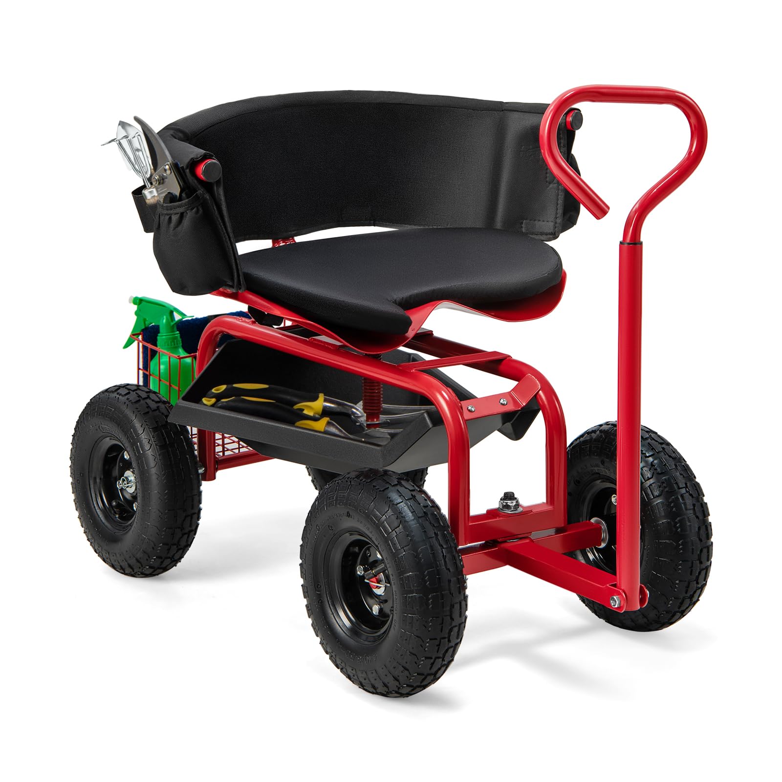 **Goplus Rolling Garden Seat with Wheels - Adjustable 360° Swivel Stool, Tool Tray & Storage Basket, Extendable Handle - Outdoor Gardening Scooter & Work Seat for Seniors - Perfect for Planting, Weeding, and Yard Work**
