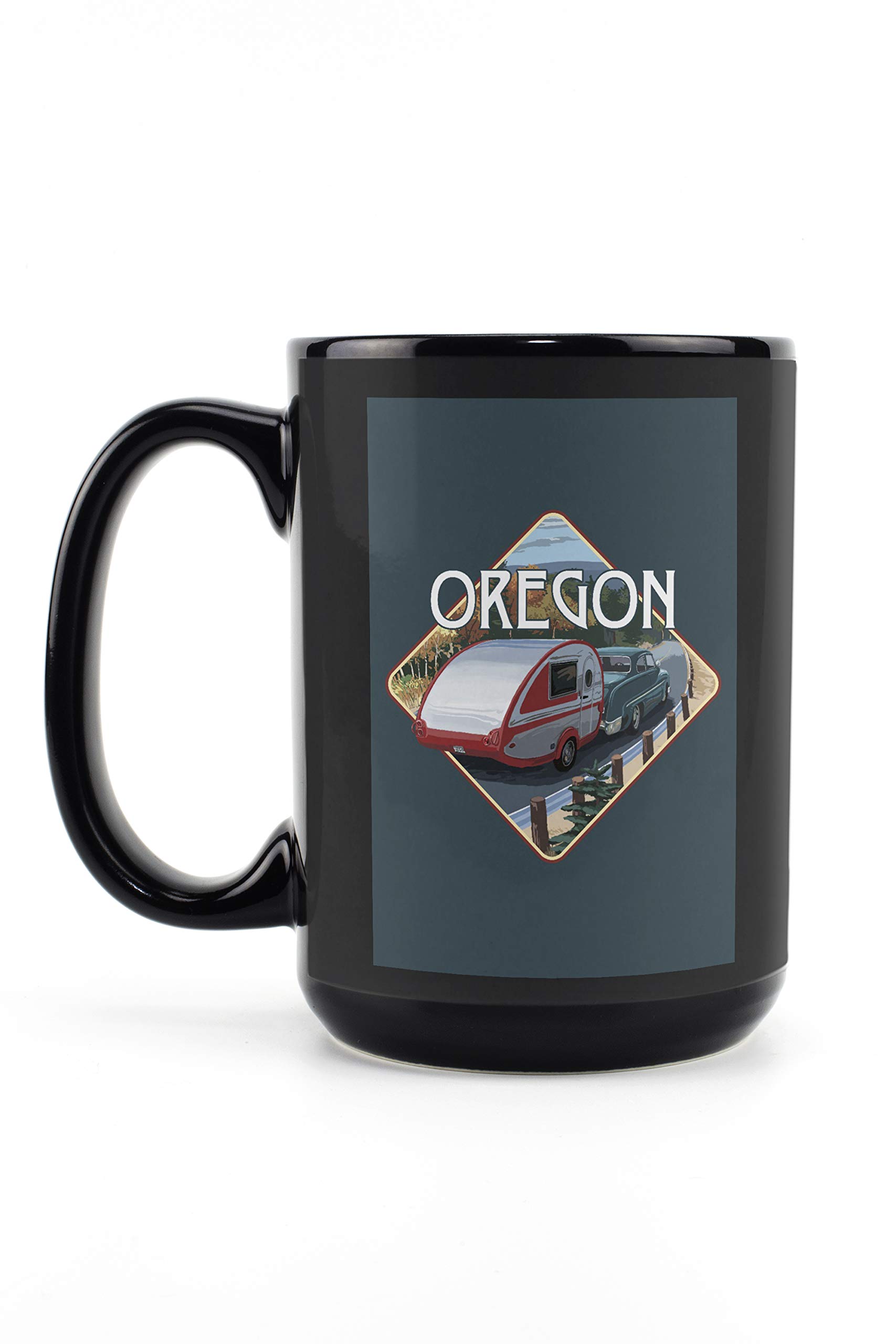 Retro Camper on Road Oregon 15oz Black Ceramic Coffee Mug - Microwave & Dishwasher Safe - Perfect for Camping Trips & Outdoor Adventures