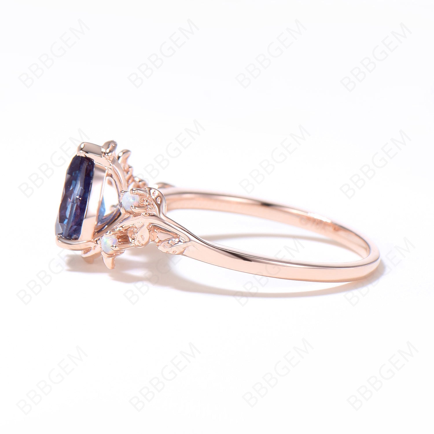14K Rose Gold Pear Shaped Alexandrite Engagement Ring with Twig Leaf Design & Opal Accents - June Birthstone Jewelry for Proposal, Anniversary & Special Occasions