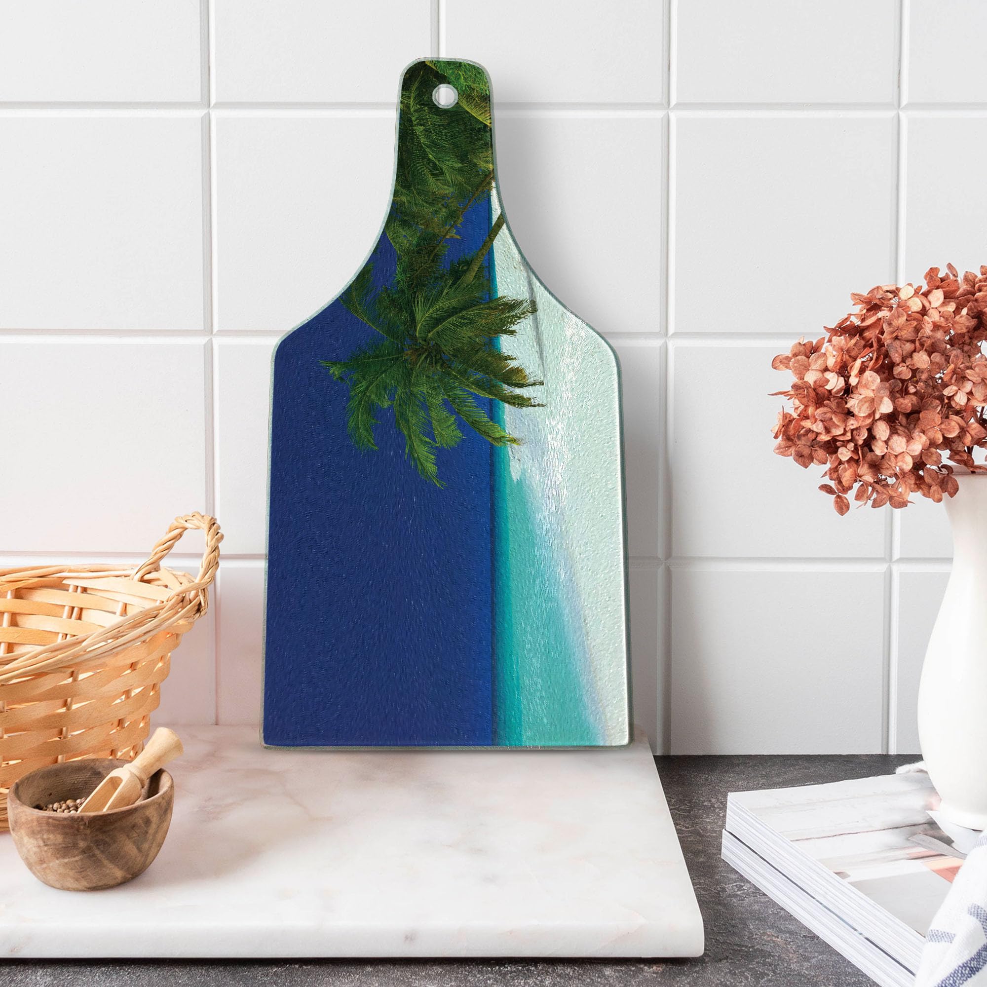 Ambesonne Ocean Themed Tempered Glass Cutting Board - Tropical Island Getaway Design with Navy Blue, Green, White & Aqua Colors - Decorative Serving Board for Kitchen, Charcuterie & Wine Parties - Perfect for Entertaining, Gifts & Coastal Home Decor