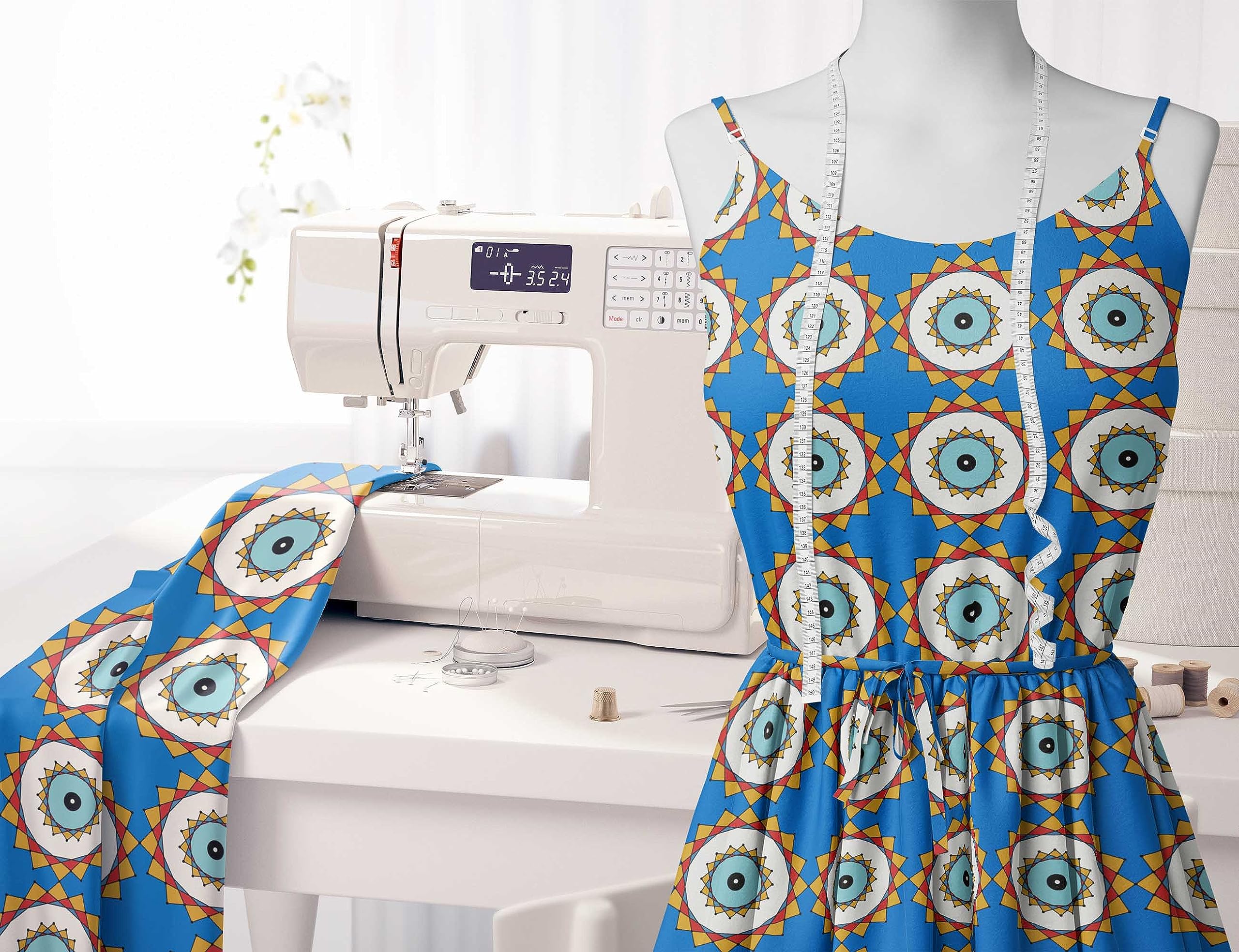 Soimoi Moss Georgette Blue Fabric by The Yard - 42 Inch Wide Marigold Geometric Print Fabric - Vibrant Botanical Design for Dresses, Curtains & DIY Crafts - Lightweight Flowy Material for Sewing Projects