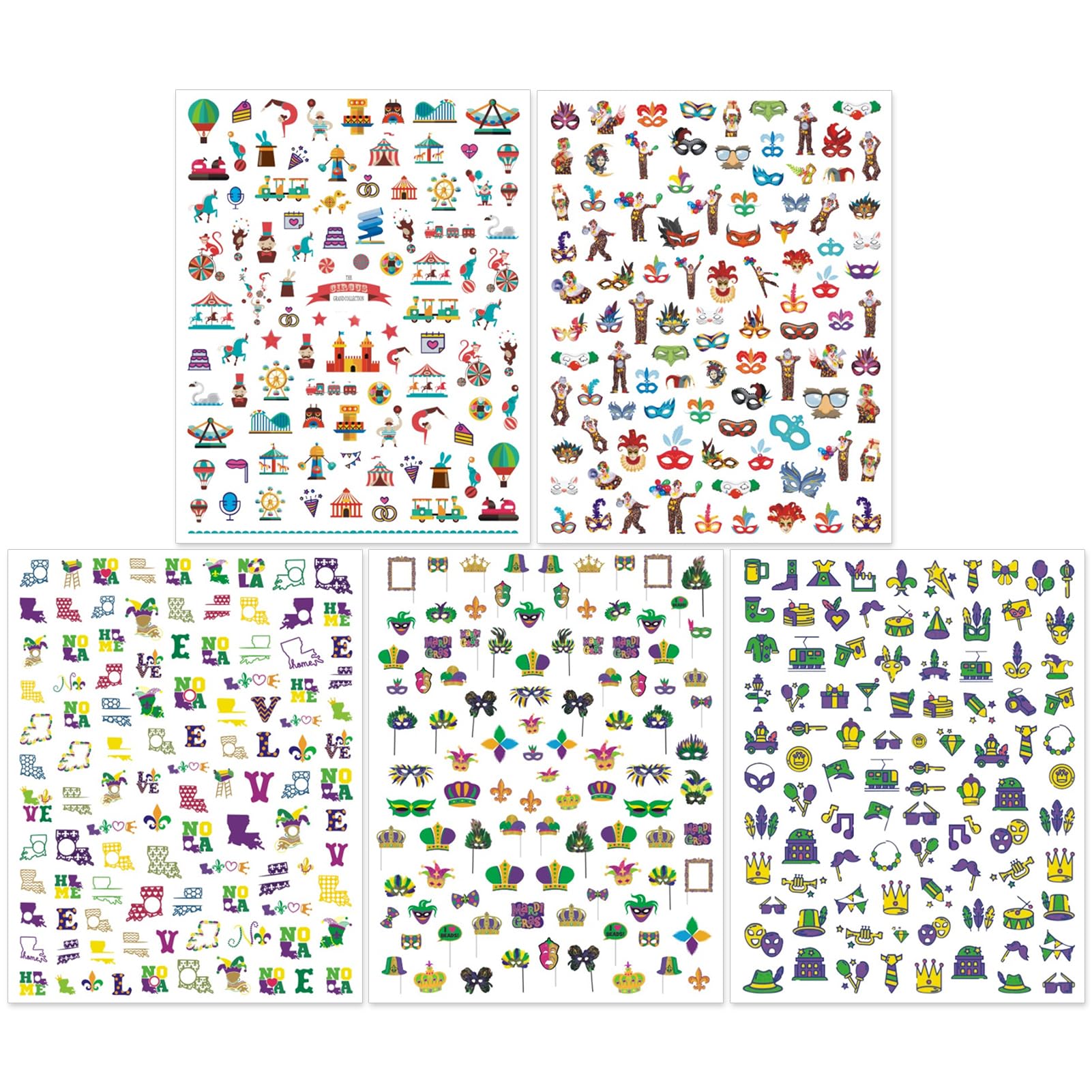 Mardi Gras Carnival Nail Art Stickers - 3D Masks, Beads, Fleur-de-lis, Harlequin & Crowns Self-Adhesive Nail Decals (5 Sheets) | Perfect for Parties, Festivals & Nail Salon Designs