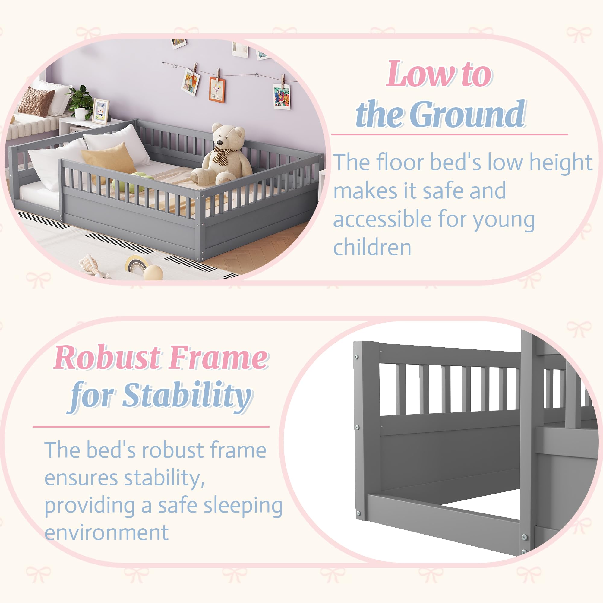 Montessori Floor Bed for Kids - Full Size Wooden Playhouse Bed with High Safety Railings for Baby Boys, Girls & Teens - Gray (No Slats Included) - Perfect for Montessori Bedrooms, Playrooms & Safe Toddler Sleep Spaces