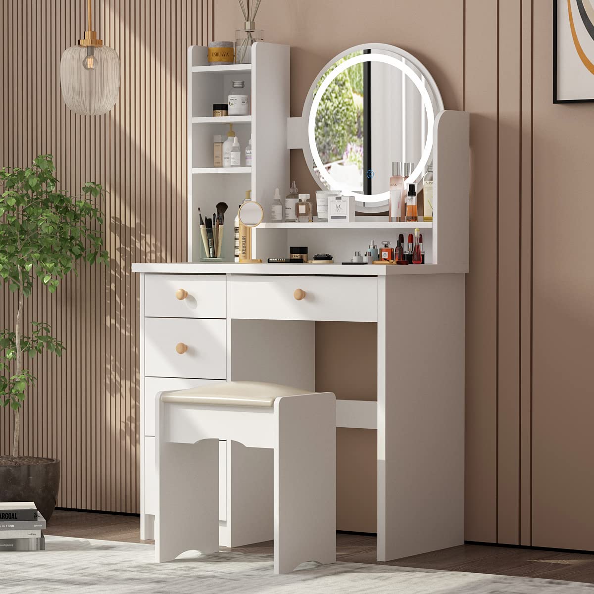 White Makeup Vanity Set with 5 Drawers, Shelf & Touch Screen LED Mirror - Includes Cushioned Stool for Bedroom | Perfect for Beauty Routine, Dressing Area & Home Decor