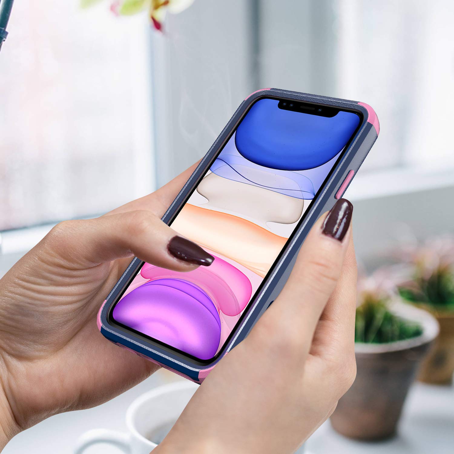 Shockproof Heavy Duty Armor Case for iPhone 12 Pro Max - 3 Layer Protective Rugged Cover with Cute Blue & Pink Design | Perfect for Outdoor Activities, Work & Travel Protection