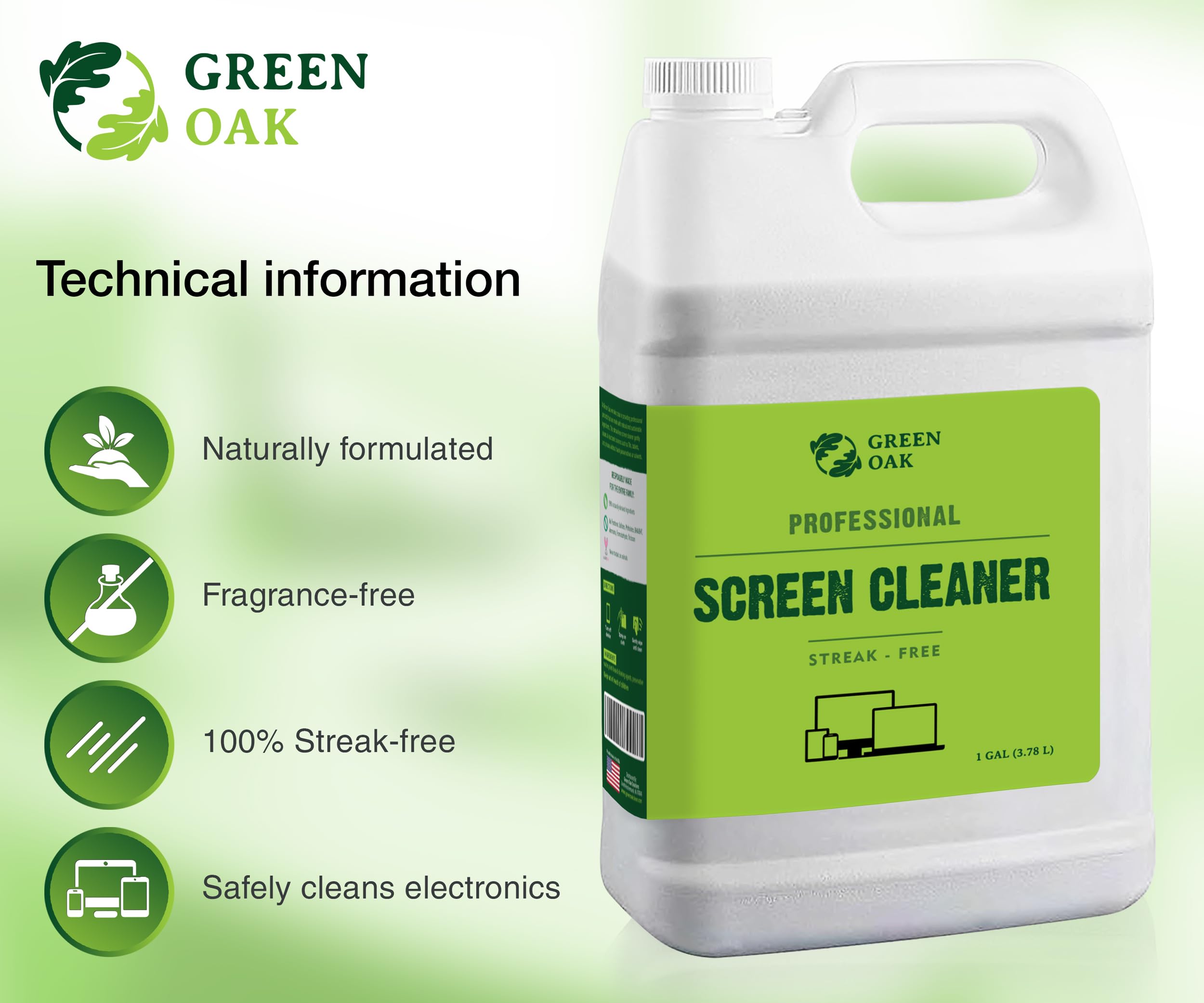 Green Oak Professional Screen Cleaner Spray Refill (1 Gallon) - Safe for LCD, LED TV, Tablet, Computer Monitor & Phone - Removes Fingerprints, Dust & Oil - Ideal for Home, Office & Electronics Cleaning