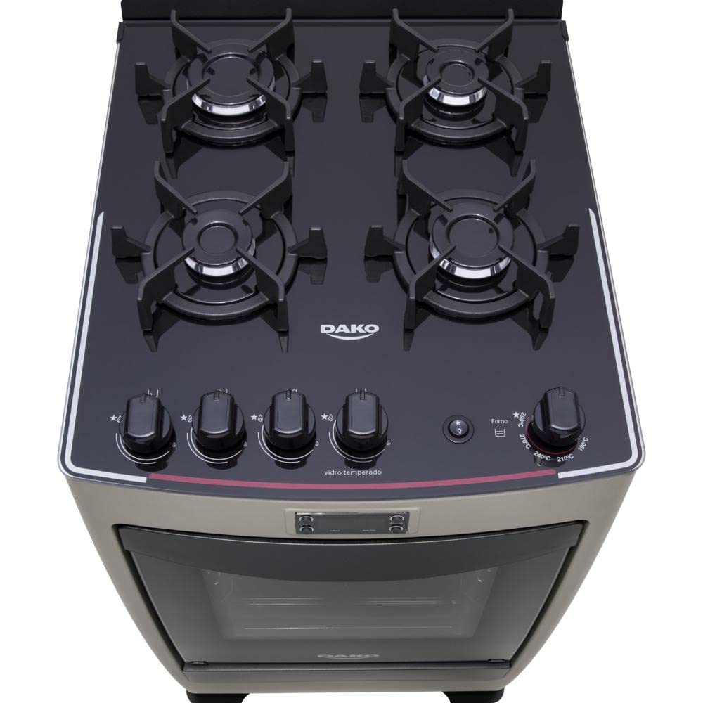 Dako Supreme 4-Burner Gas Stove with Timer, Glass Top & Titanium Finish - Bivolt for Home & Restaurant Cooking