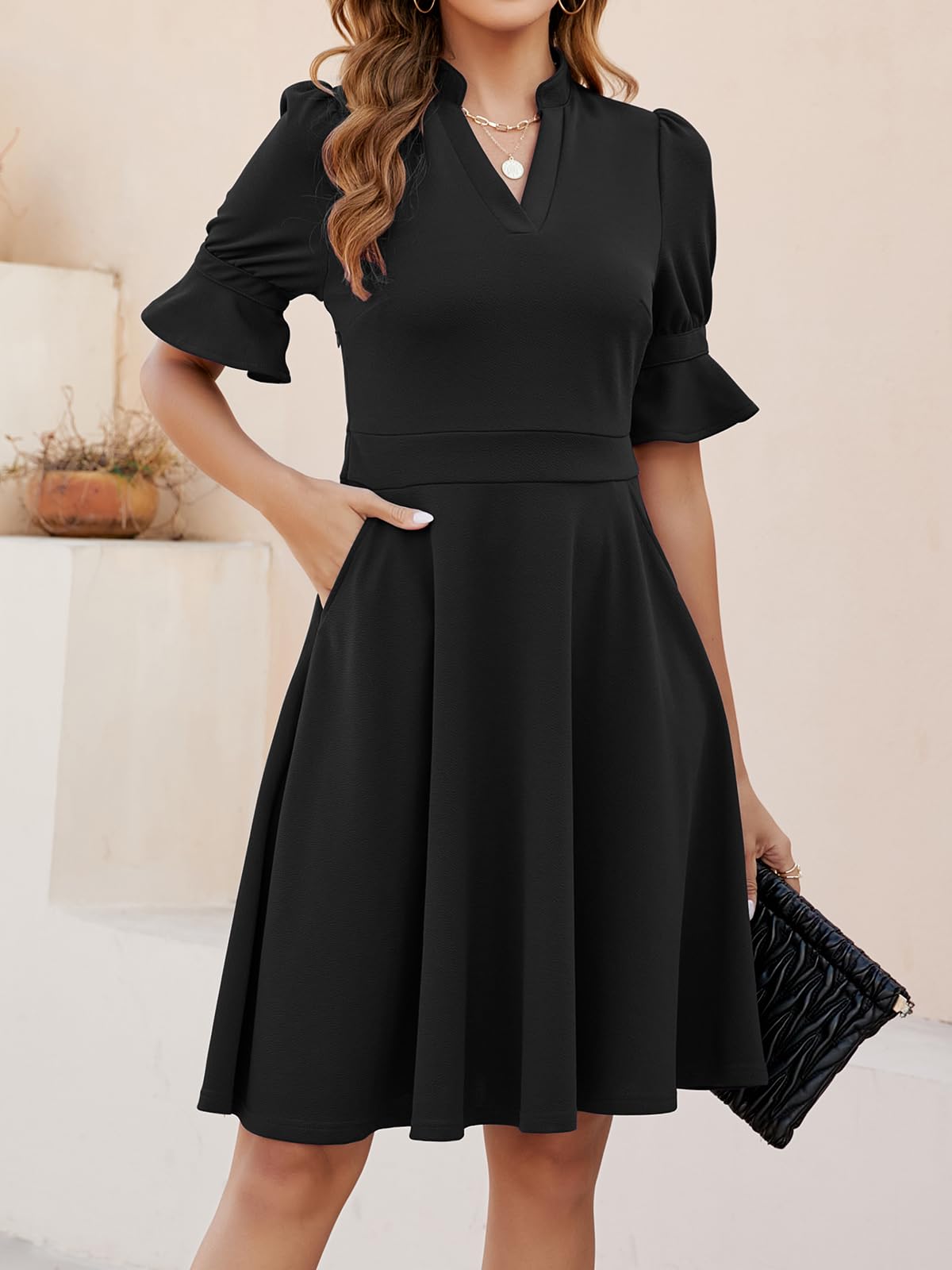 Mokayee Women's Summer V-Neck Ruffle Short Sleeve Fit and Flare Knee-Length Dress with Pockets - Perfect for Church, Wedding Guest, Party & Casual Occasions
