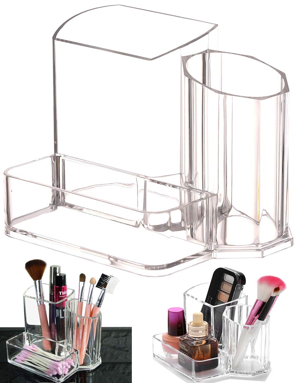 Clear Acrylic Makeup Brush Organizer - 3-Compartment Cosmetic Storage Case for Eyeliners, Eyebrows & Qtips | Multi-Purpose Vanity Organizer for Home, Office & Travel | Perfect for Makeup Artists, Beauty Enthusiasts & Professional Use