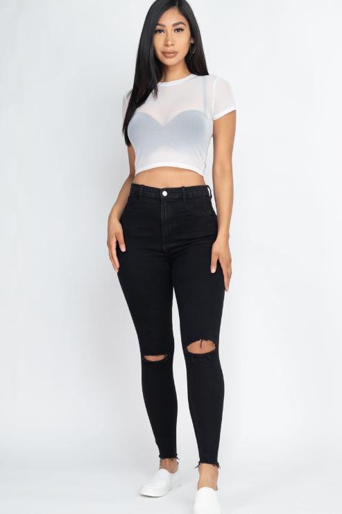 Sexy Mesh Sheer Short Sleeve Crop Top for Women - Breathable Summer Fashion Top for Clubbing, Beach & Night Out