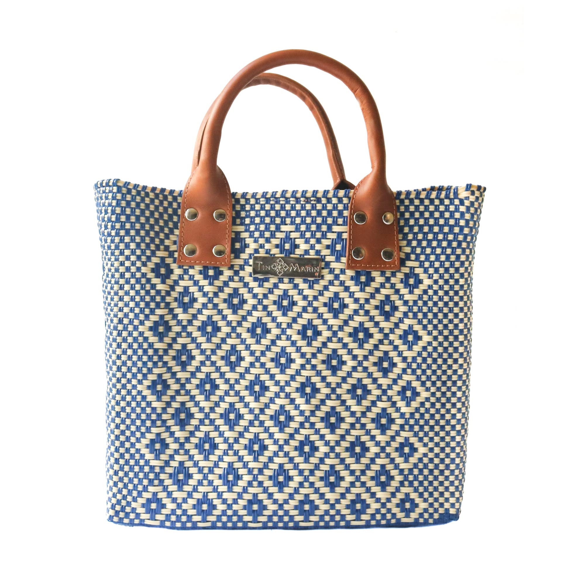 Stylish Large Woven Crossbody Bag with Tan Leather Handles - Eco-Friendly Recycled Plastic Handwoven Purse from Oaxaca Mexico - Perfect Summer Tote, Work Bag & Everyday Purse for Women - Ideal for Office, Travel & Casual Outings
