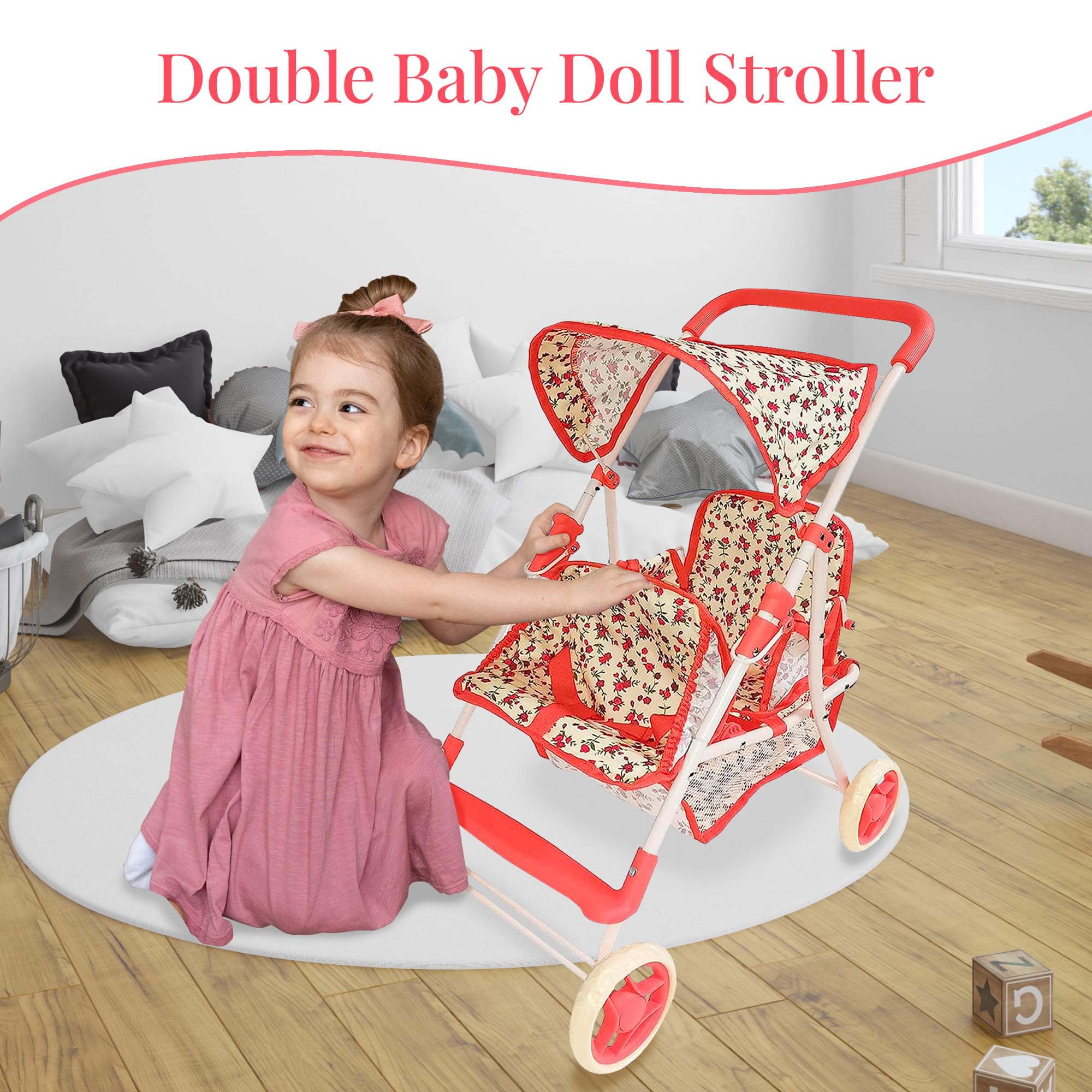 Double Doll Stroller for Toddlers & Kids - Twin Baby Doll Carriage for 4-8 Year Old Girls | 25