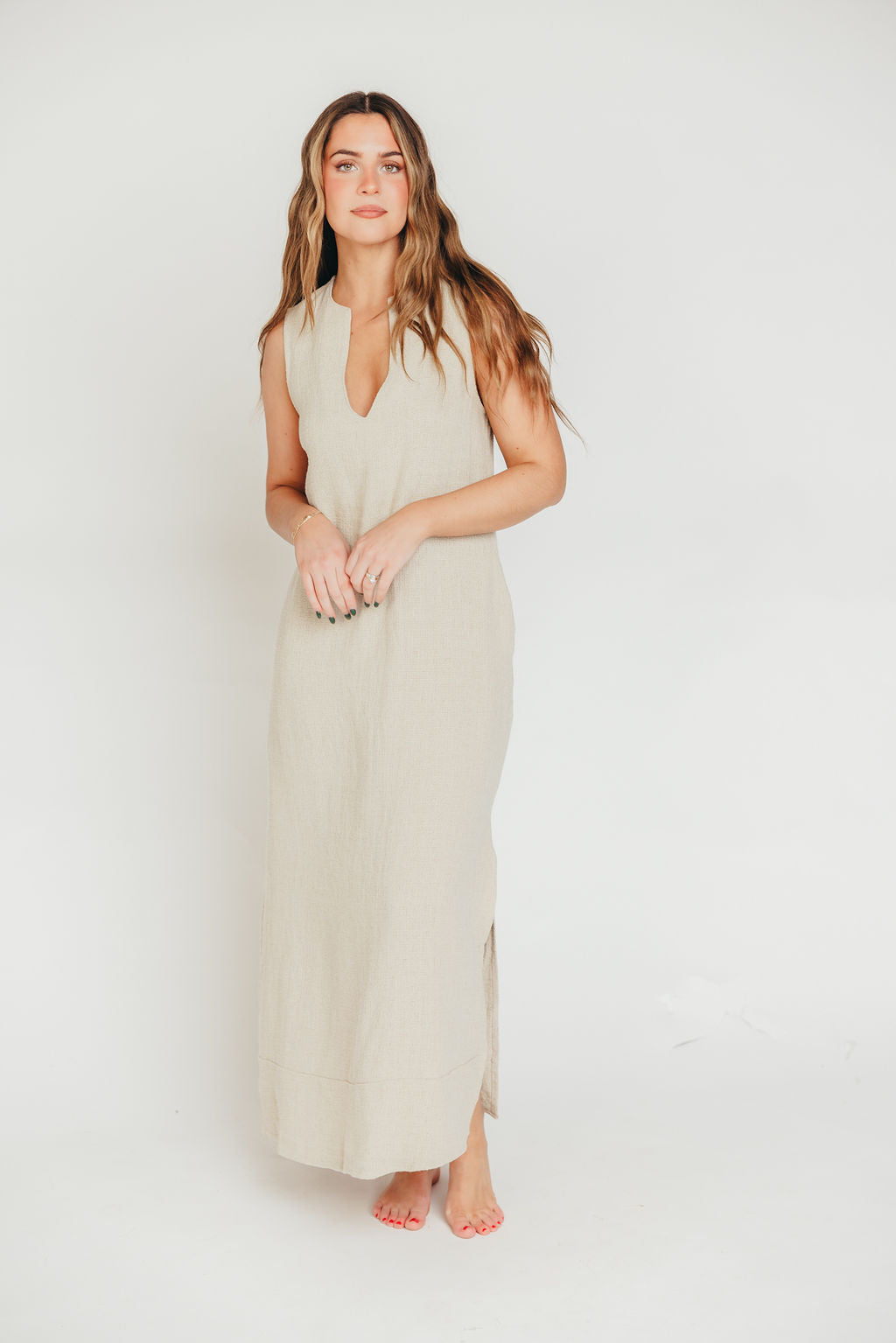 How Sweet It Is Sleeveless Linen Blend Maxi Dress in Sand - Bump Friendly Maternity Wear for Summer Beach Vacations & Casual Outings