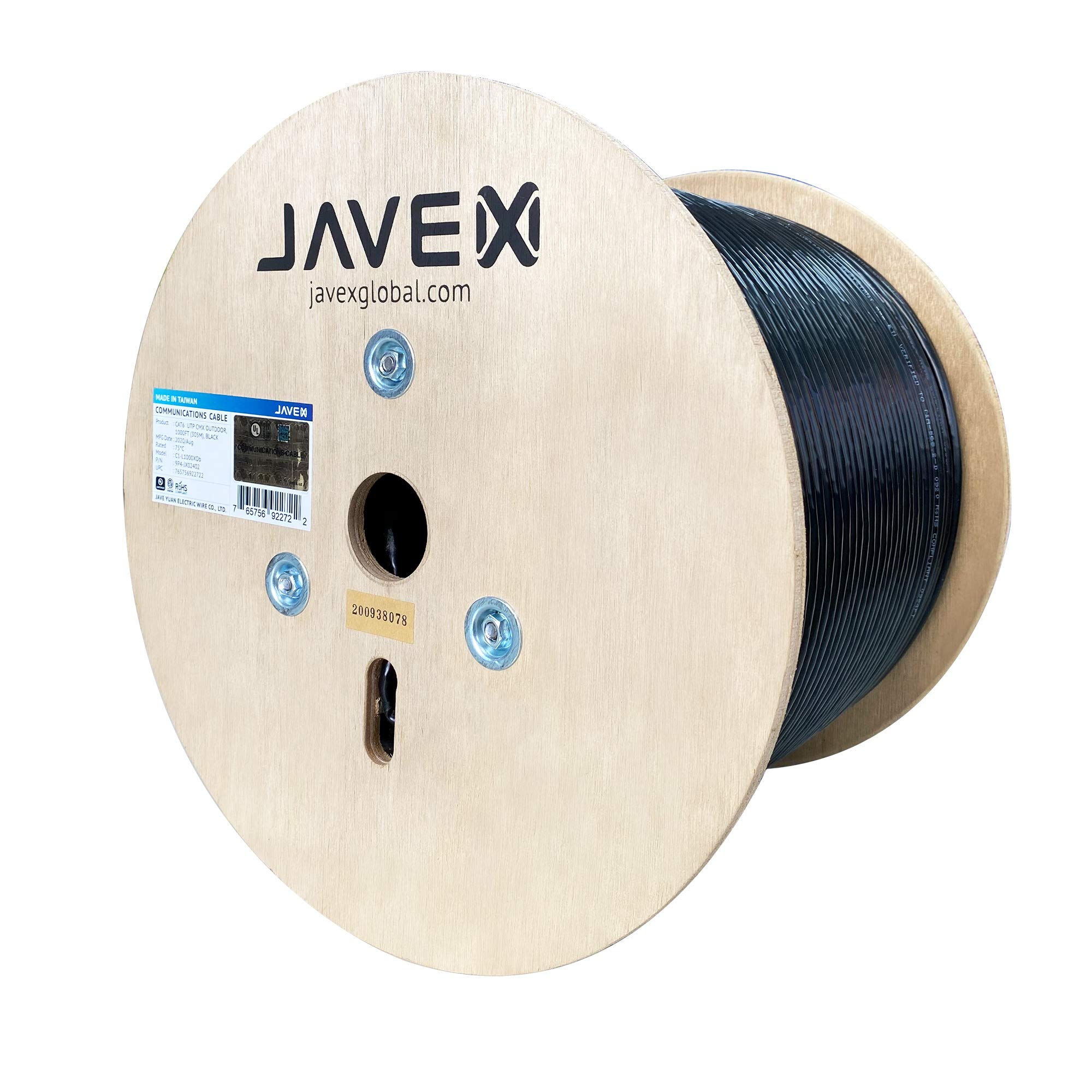 JAVEX CAT6 Outdoor Ethernet Cable 1000 FT - 23AWG Solid Bare Copper, 600MHz, UTP Network Cable for Gaming & High-Speed Internet - UV-Resistant, Weatherproof PE Jacket, ETL Listed - Perfect for Outdoor Installations, Security Cameras, and Home Networking (Black)