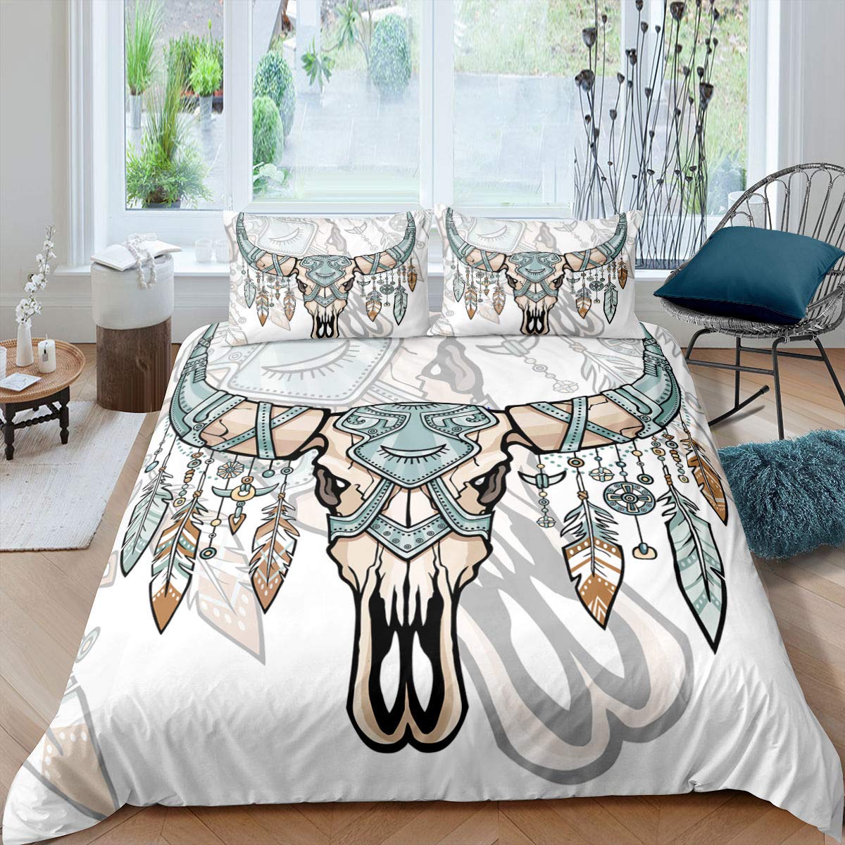 Bohemian Bull Skull Duvet Cover Set - Twin Size Mandala Tie Dye Comforter with Pillowcase | Dream Catcher Tribal Design for Kids, Teens & Adults | Perfect for Boho Bedroom Decor, Dorm Room or Guest Room