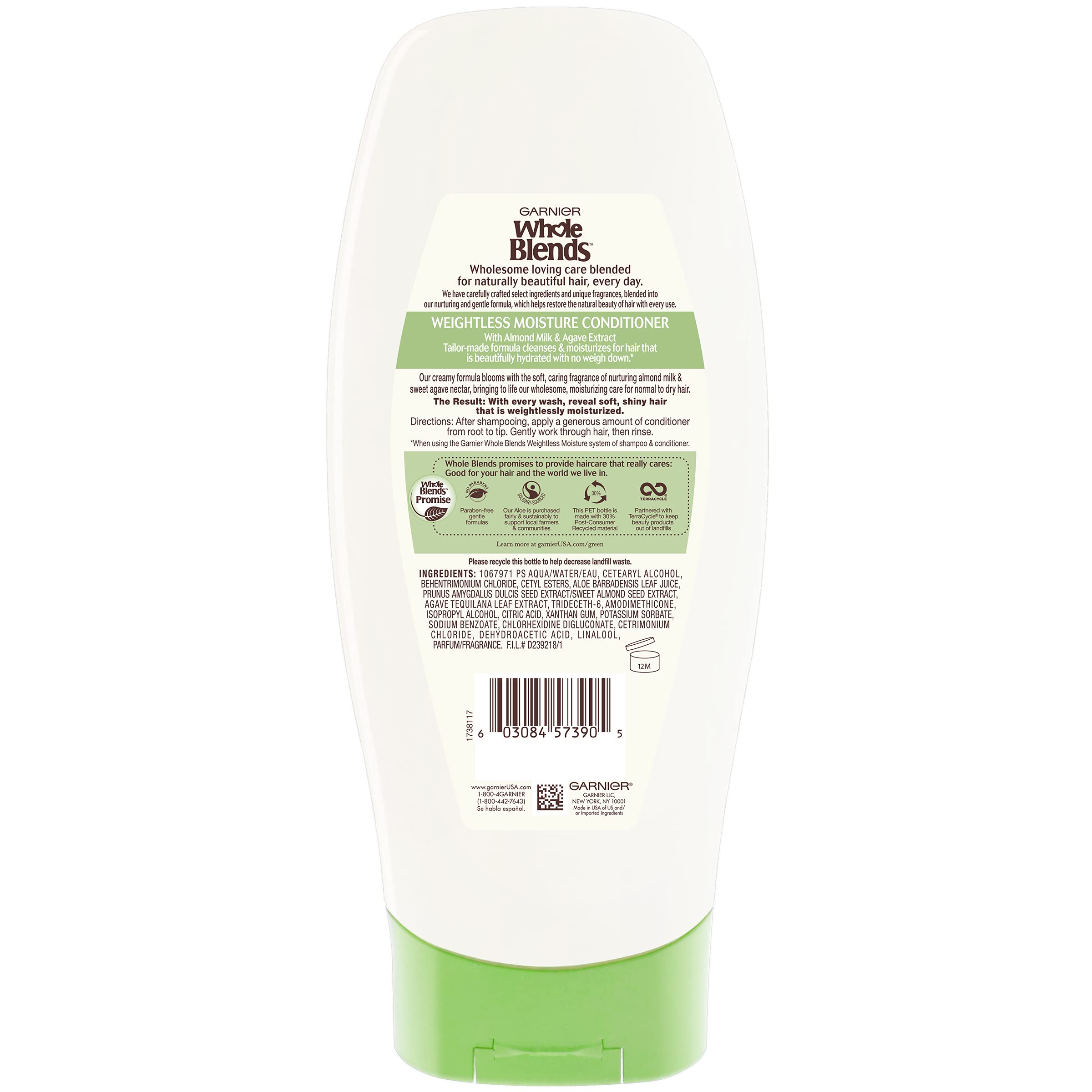 Garnier Whole Blends Nurturing Almond Milk & Agave Extract Conditioner for Normal to Dry Hair - Paraben Free, 12.5 fl oz | Lightweight Moisturizing Hair Care for Daily Use & Damaged Hair Repair