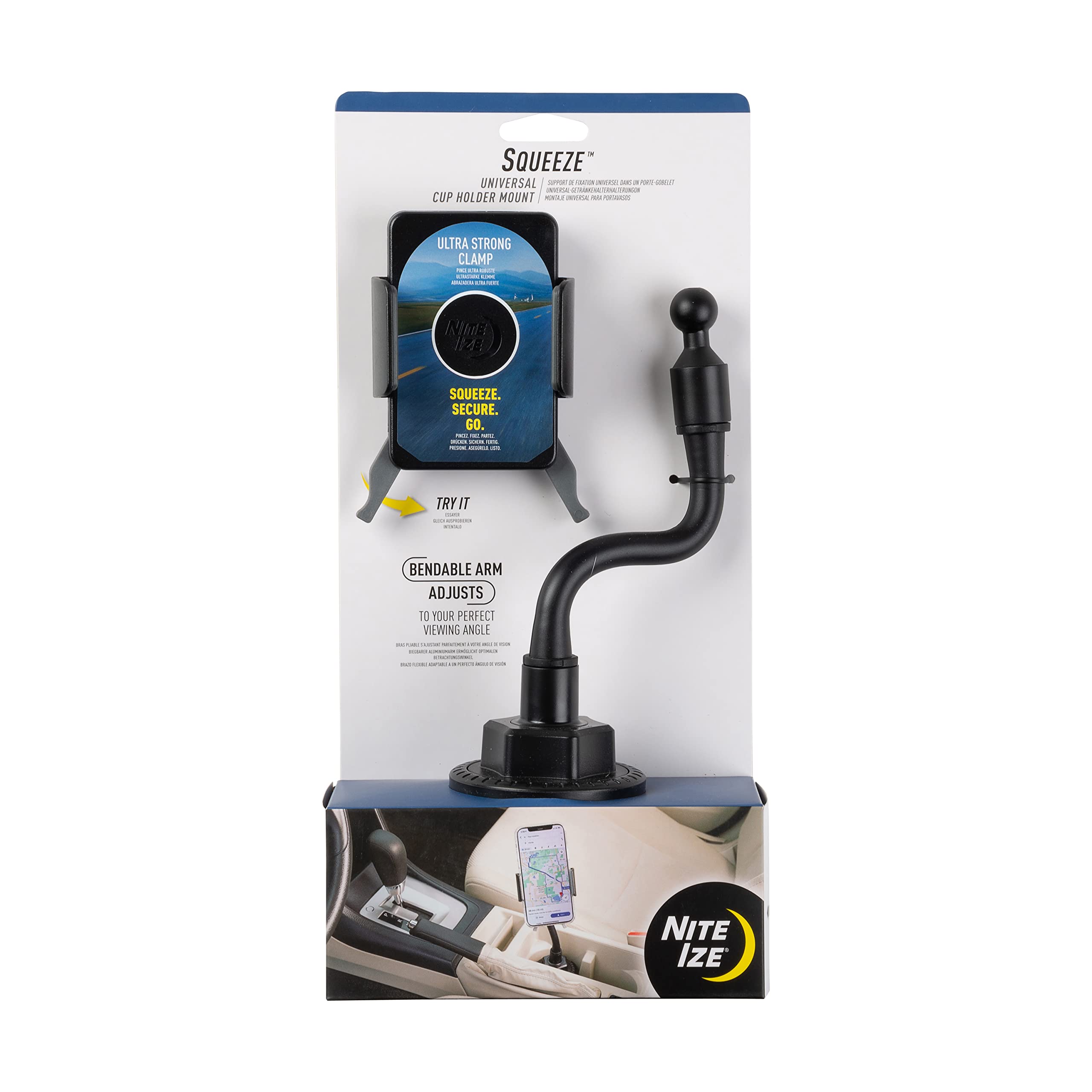 Nite IZE SUCH-01-R8 Universal Cup Holder Phone Mount - Compatible with iPhone, Samsung Galaxy Edge/Fold, Huawei, Google Pixel & Most Smartphones - Secure Car Accessory for Hands-Free Driving (Black) | Perfect for Road Trips, Commuting & GPS Navigation