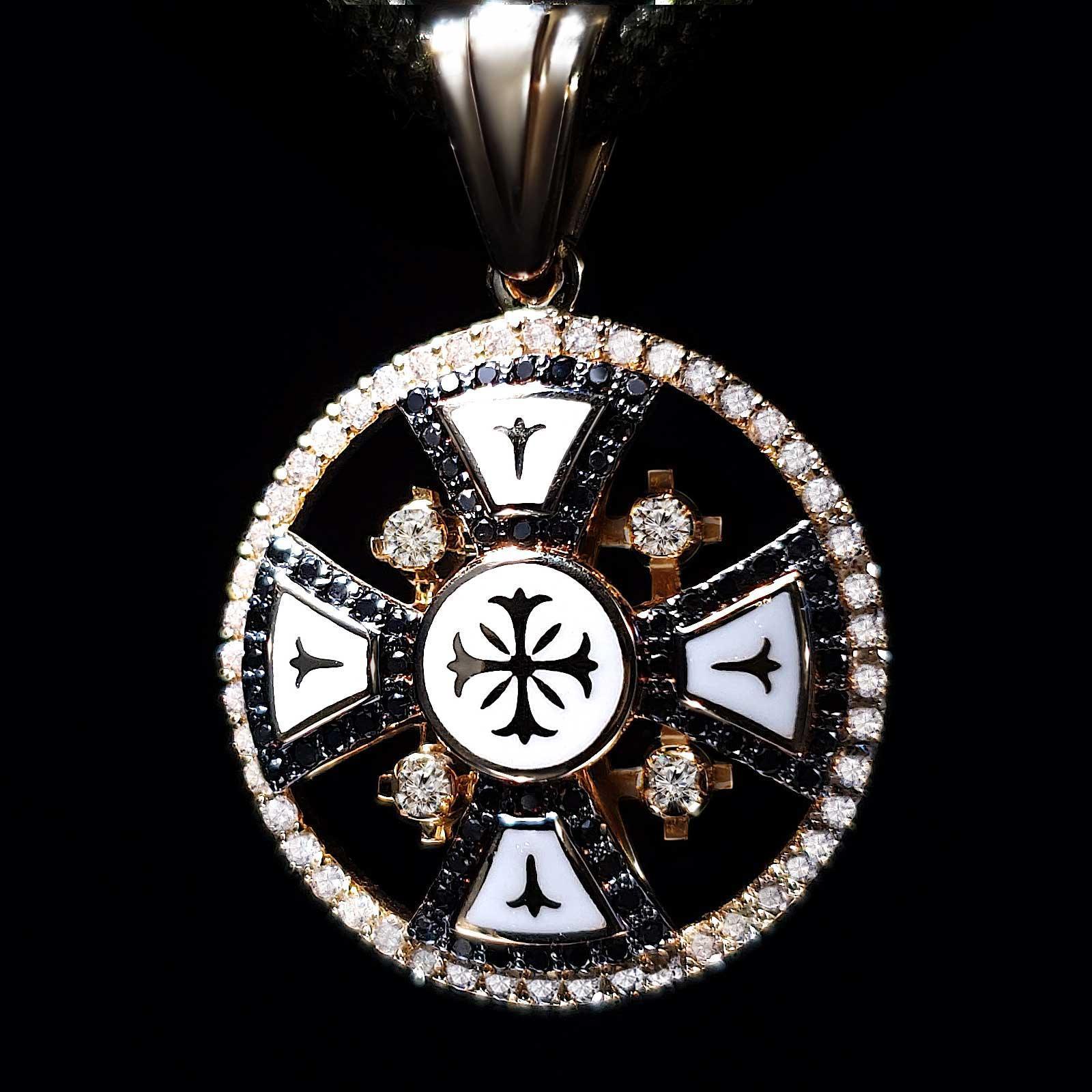 14K Yellow Gold Jerusalem Cross Round Pendant with Black & White Diamonds | Religious Jewelry for Women & Men | Perfect for Church, Weddings & Special Occasions