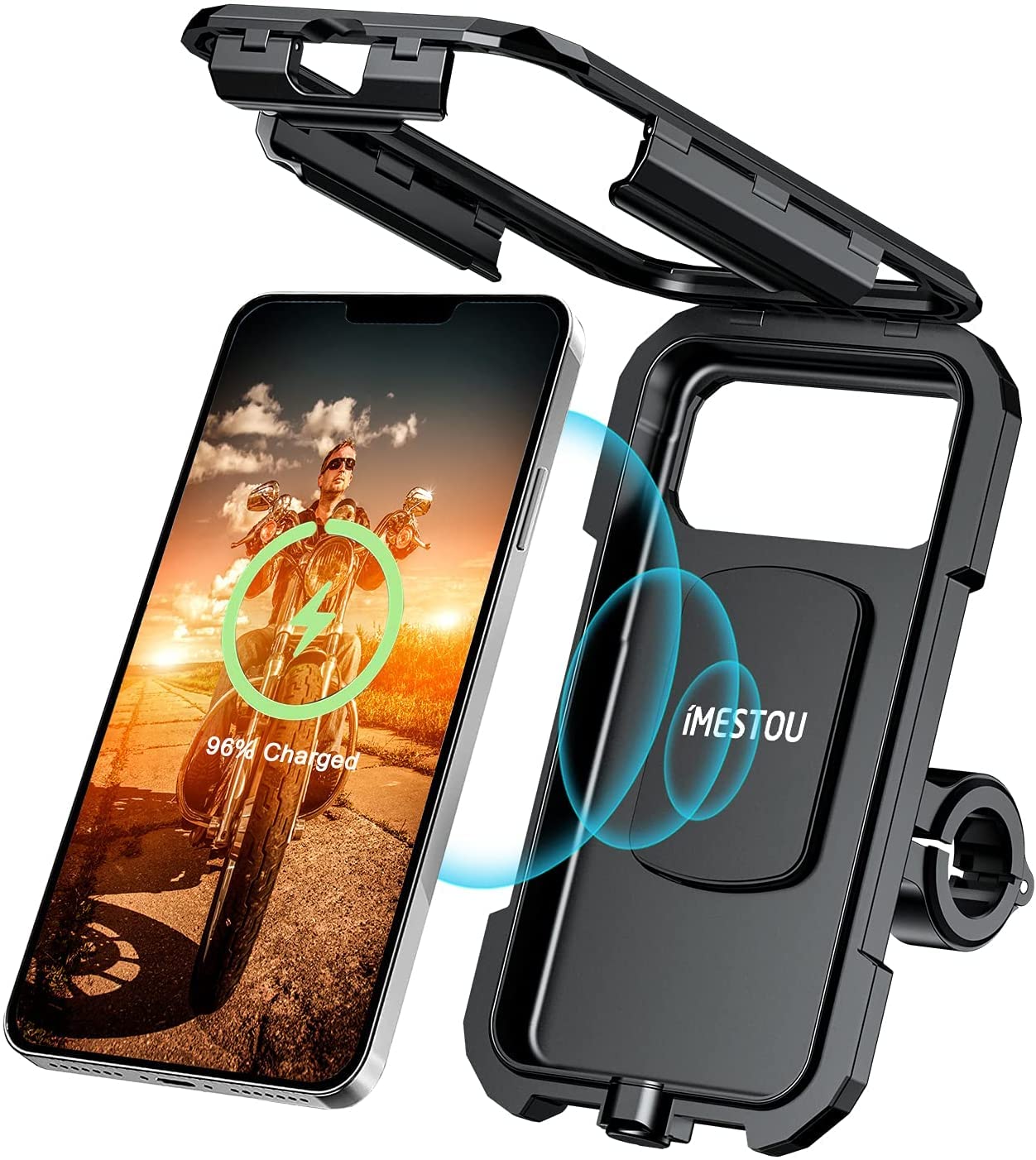 **iMESTOU Waterproof IP67 Motorcycle Phone Mount with Wireless & USB-C Fast Charging - Universal Handlebar Cellphone Holder for 5.5