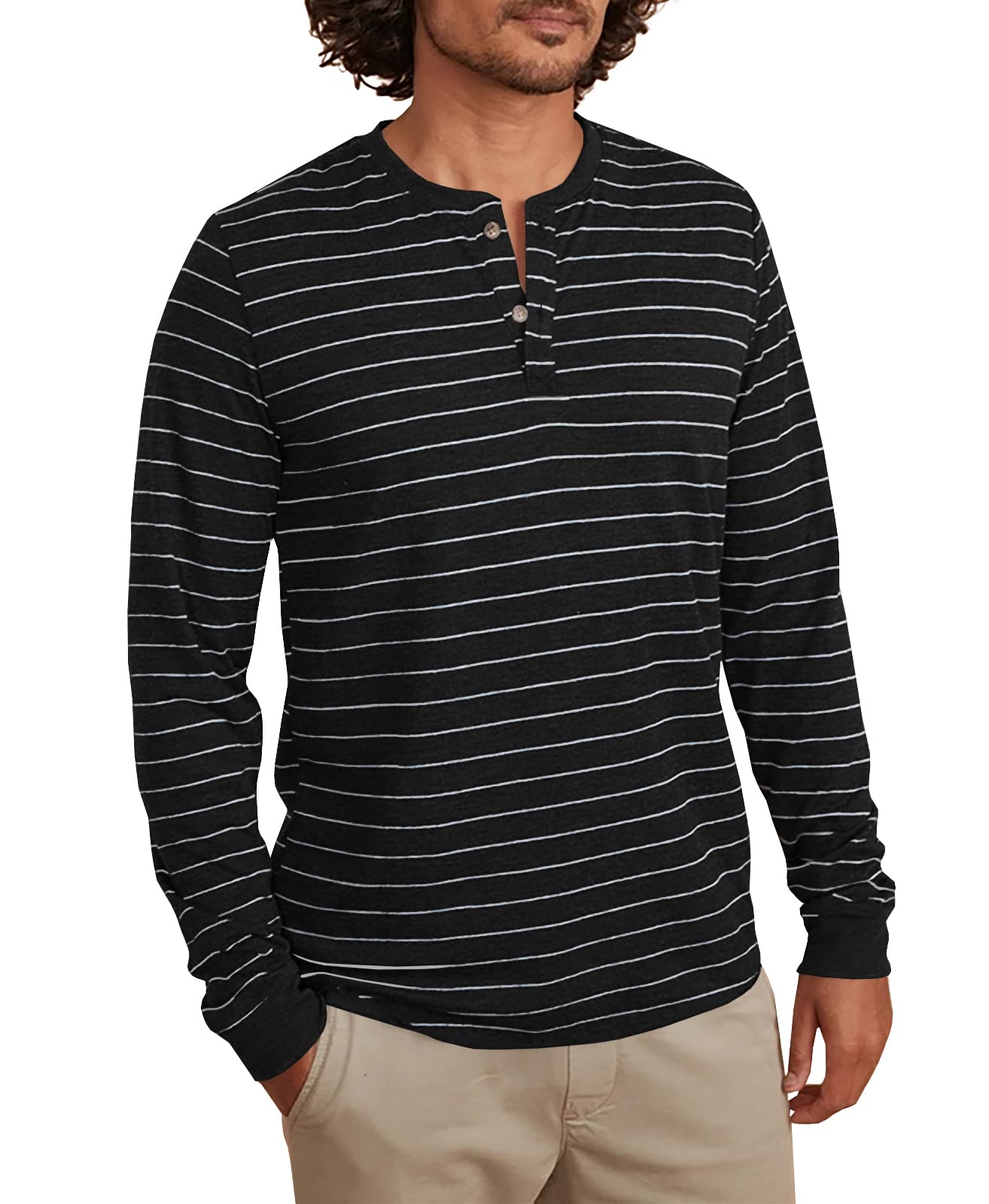 Conporry Men's Long Sleeve Henley Shirts - Casual Striped Button Down Tee for Everyday Wear | Perfect for Work, Date Night & Outdoor Activities
