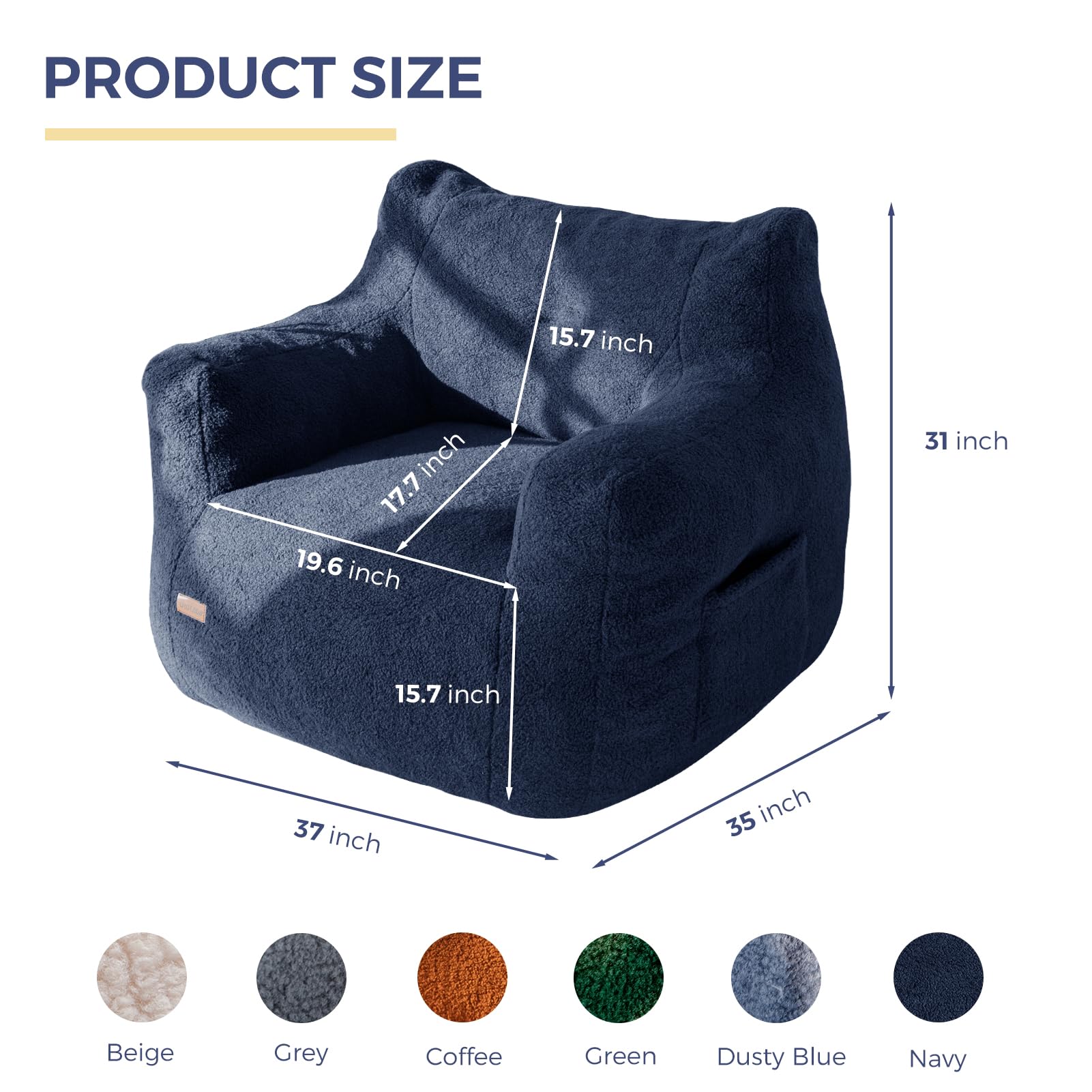 MAXYOYO Tufted Boucle Fabric Bean Bag Chair - Ultra Comfortable Lazy Sofa with Filler for Adults & Teens (Navy Blue) - Perfect for Living Rooms, Bedrooms & Game Rooms