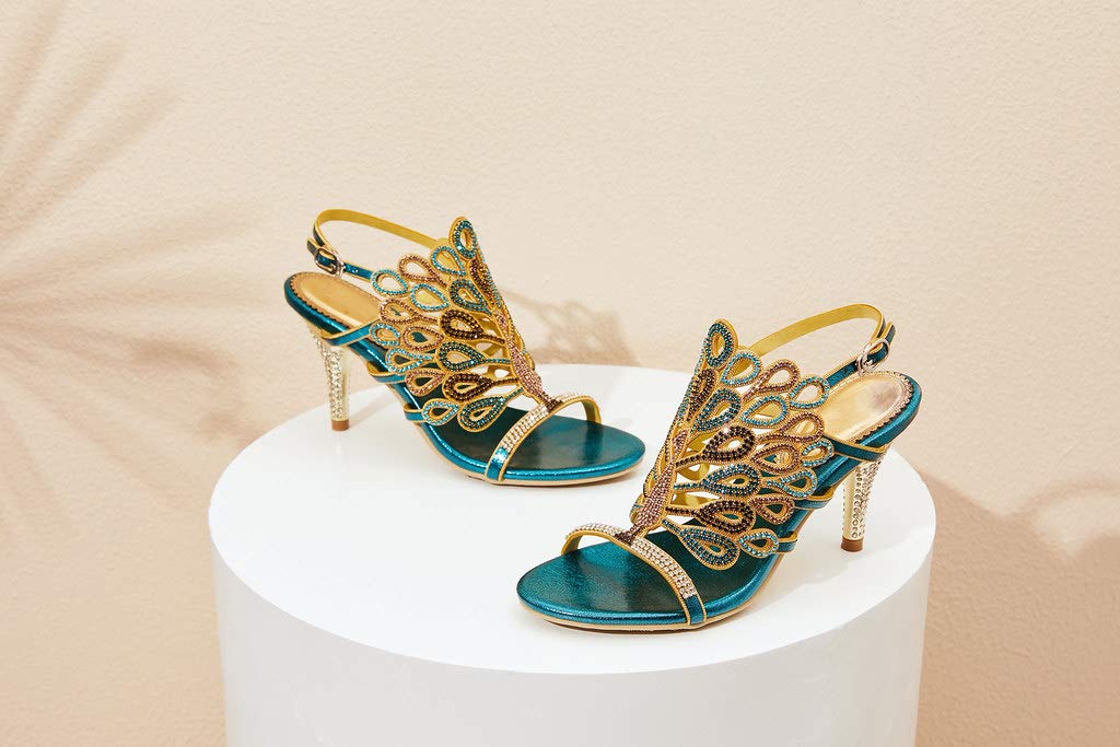 YooPrettyz Women's Rhinestone Peacock Evening Sandals - Chunky High Heels for Wedding, Party & Special Occasions | Elegant Dress Shoes for Prom, Cocktail Events & Formal Gatherings