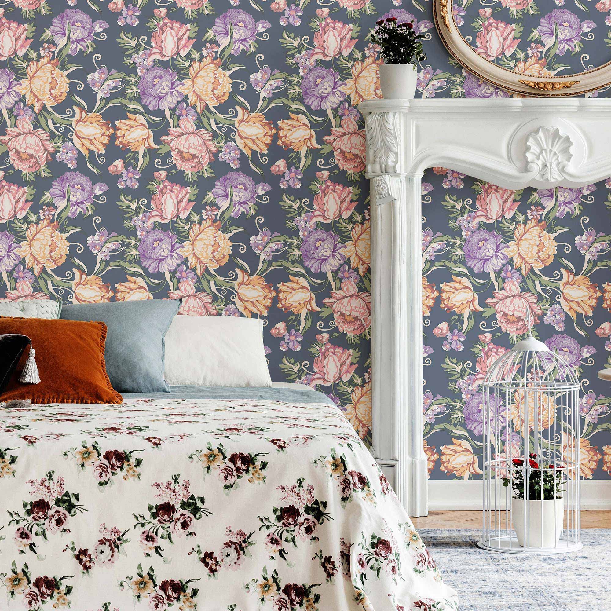 Orange Flowers Peel and Stick Removable Wallpaper 6678 - Self-Adhesive Decorative Wall Covering for Bedroom, Living Room & Nursery Decor