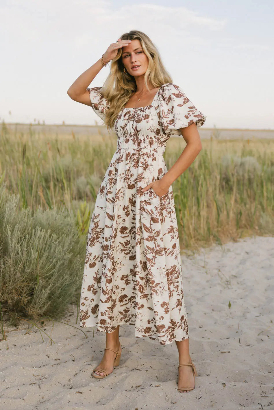 Dorothea Floral Midi Dress in Mocha - Women's Vintage Boho Summer Dress for Beach, Wedding & Casual Wear | Final Sale