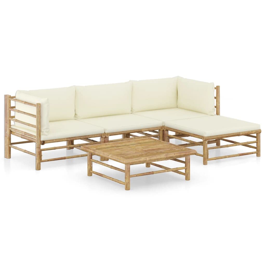 Queen.Y 5-Piece Outdoor Patio Sofa Set - Bamboo Sectional Furniture with Ottoman, Coffee Table & Cushions (Brown/Cream) - Perfect for Garden, Backyard, Poolside & Outdoor Conversations