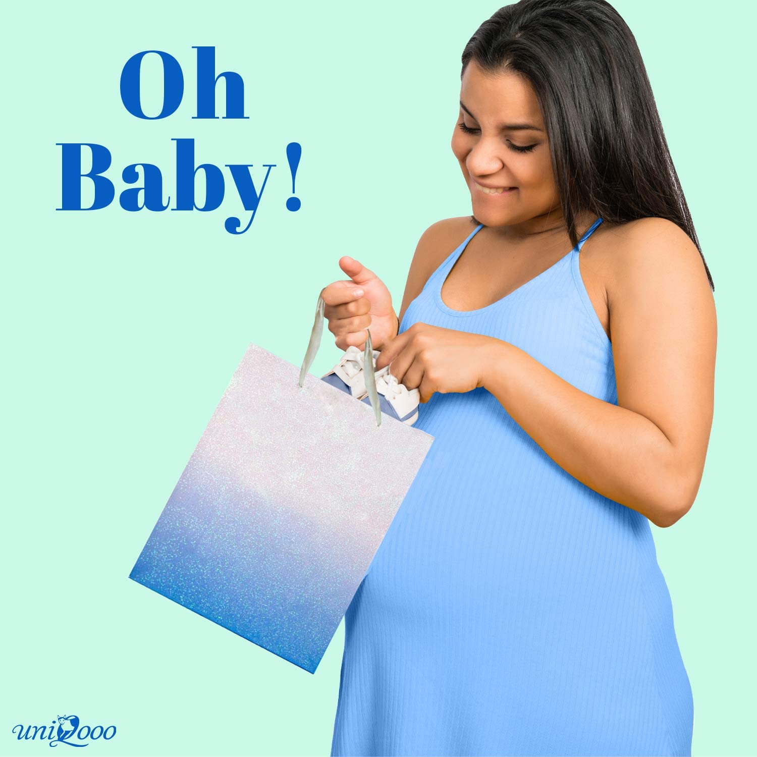 12Pcs Blue Glitter Ombre Gift Bags Bulk - 100% Recyclable Wrapping Paper Bags for Wedding, Baby Shower, Birthday Party Favors - Medium 9x7x4 inch - Perfect for Easter, Mother's Day & Thank You Gifts