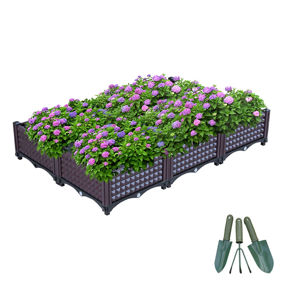 LJ Rectangular Raised Garden Bed Kit - Durable Plastic Planter Box with Drainage Holes for Growing Fresh Vegetables, Herbs, Flowers & Succulents - Includes 3-Piece Gardening Tool Set - Perfect for Indoor/Outdoor Use in Backyards, Patios & Balconies