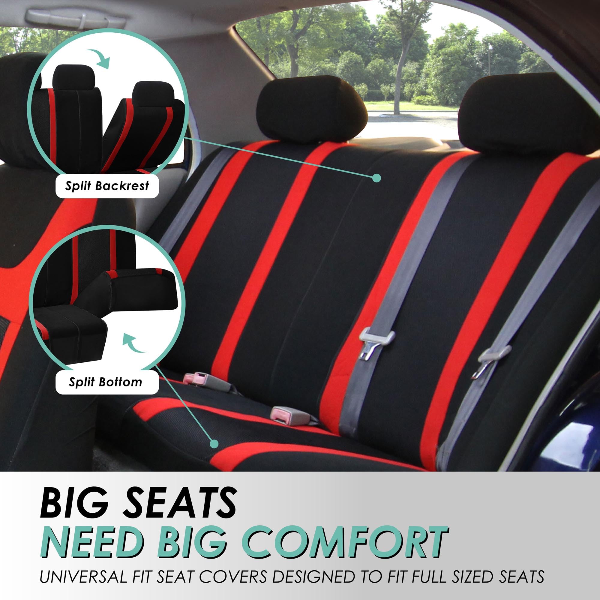 FH Group Universal Fit Car Seat Covers Full Set - Sports Style Red Automotive Seat Protectors | Airbag Compatible & Split Rear Design | Interior Accessories for Cars, Trucks, SUVs | Perfect for Daily Commute, Road Trips & Family Protection