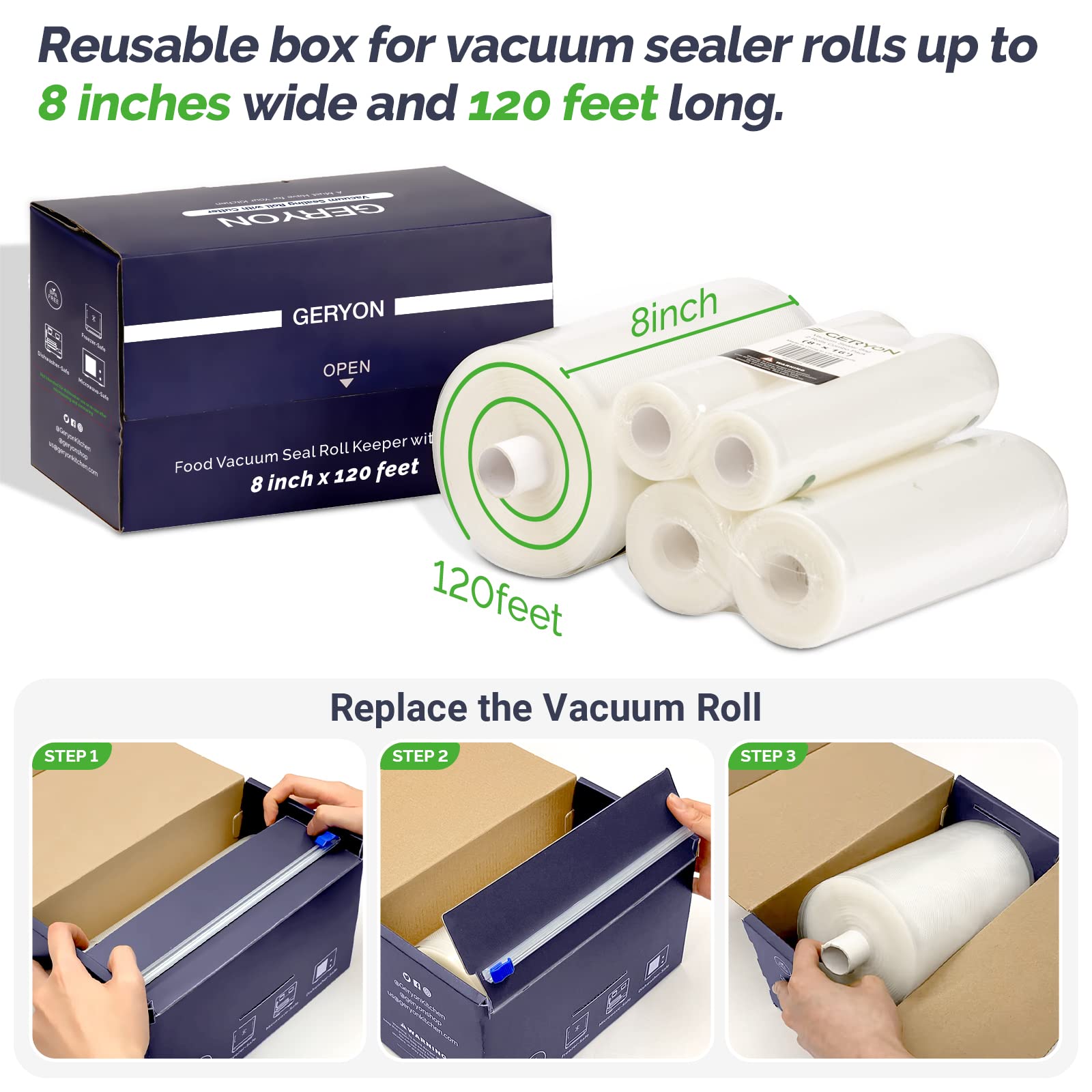 GERYON Vacuum Sealer Bags for Food Storage - 8x120ft Rolls with Slide Cutter | BPA-Free, Compatible with All Vacuum Sealer Machines | Perfect for Meal Prep, Sous Vide Cooking & Long-Term Food Preservation