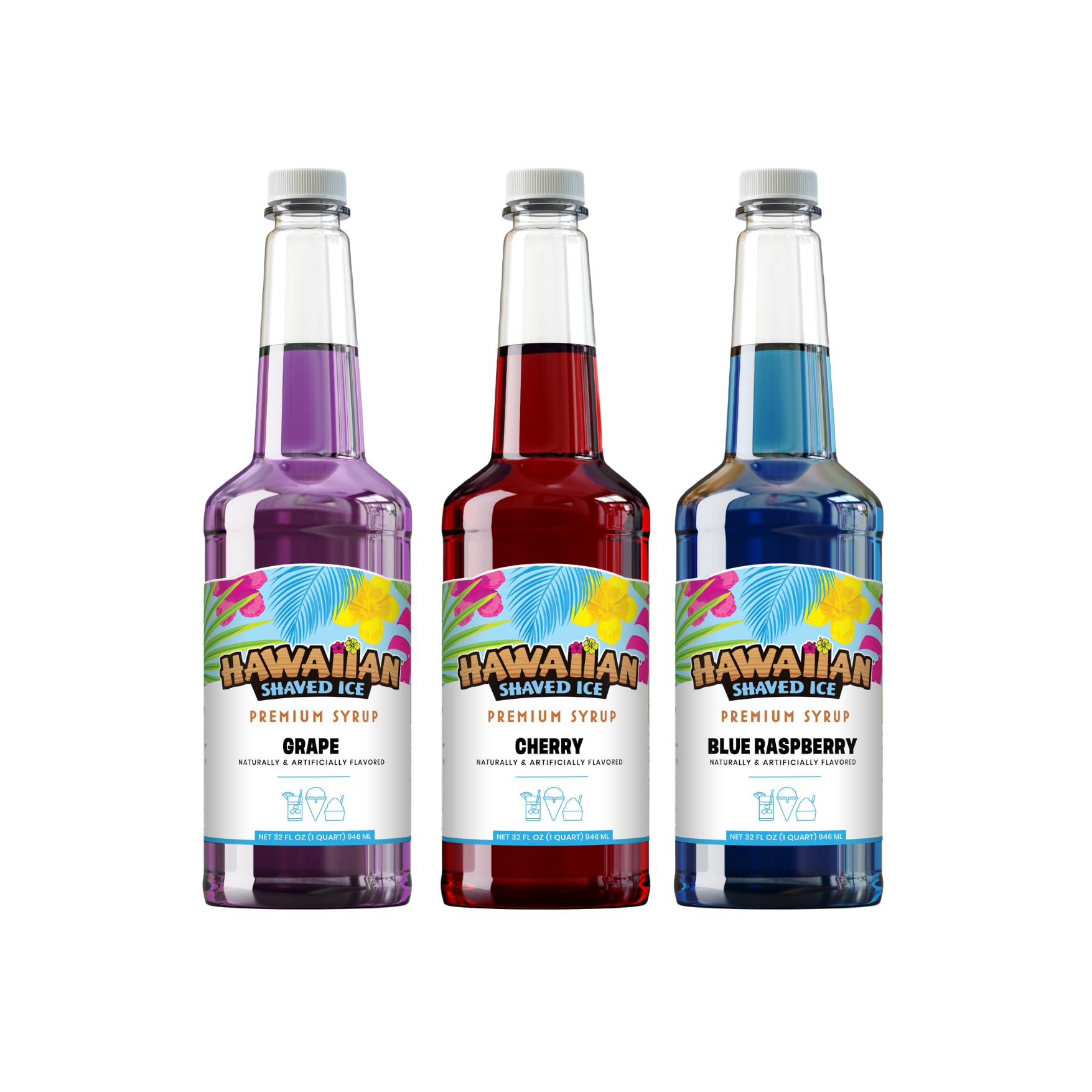 Premium Hawaiian Shaved Ice Syrup 3-Pack (Cherry, Grape, Blue Raspberry) - No Refrigeration Needed, Allergy-Friendly - Perfect for Slushies, Italian Sodas, Seltzers, Popsicles & Summer Treats