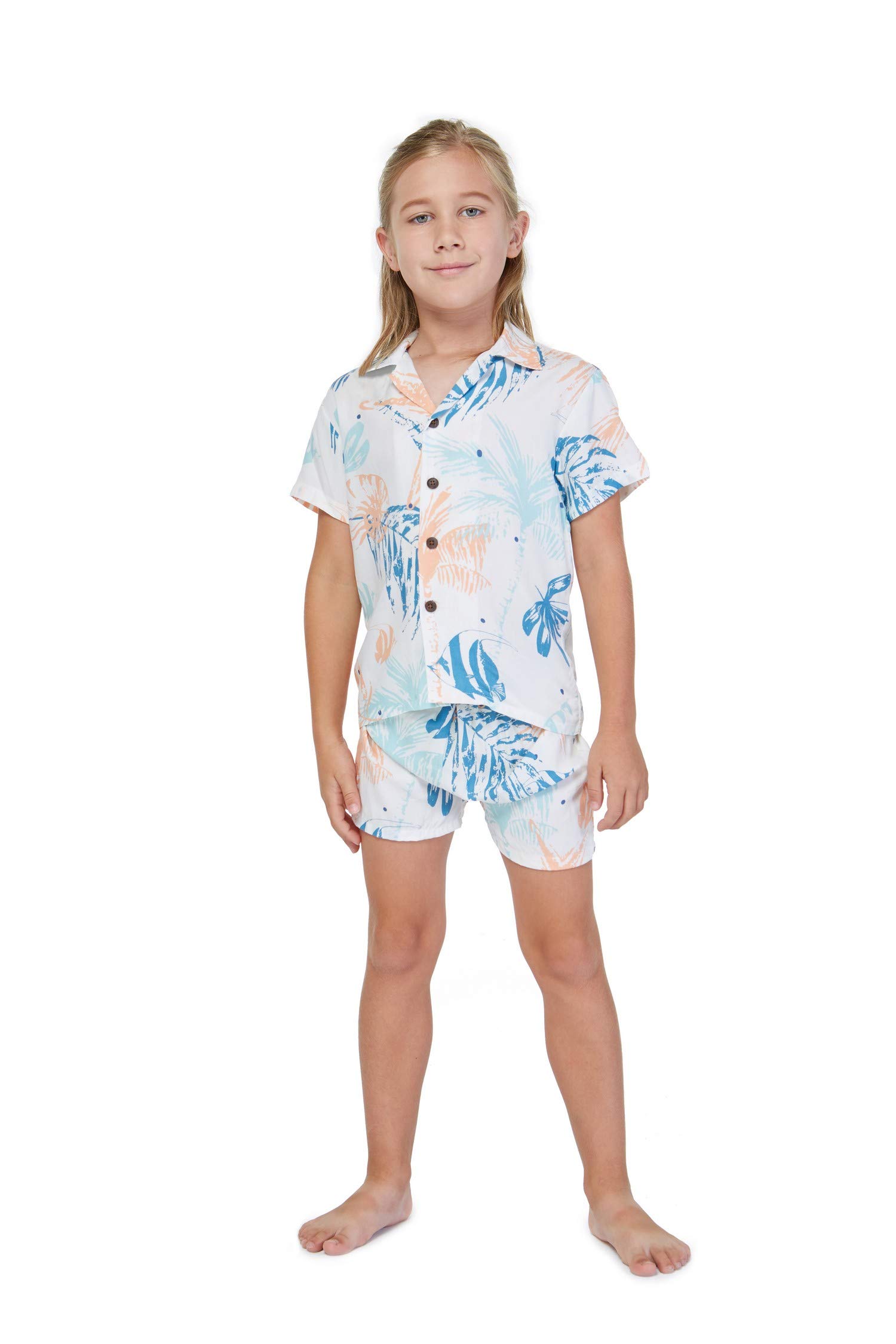 Matching Mother and Son Hawaiian Luau Outfits - Tropical Blue Leaf Print Aloha Shirt & Dress Set for Family Beach Vacation, Summer Party, and Hawaiian Theme Events