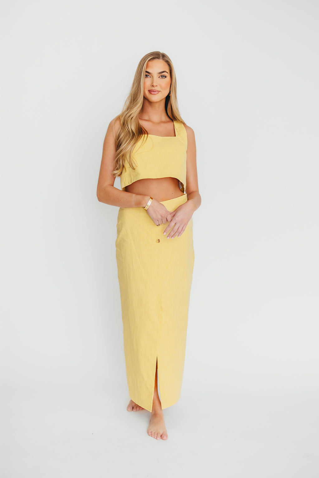 Sierra Linen Crop Top and Skirt Set - Light Yellow Summer Outfit | Breathable Linen Fabric | Casual Boho Two Piece Set for Women | Perfect for Beach Vacation, Brunch Dates & Summer Outings