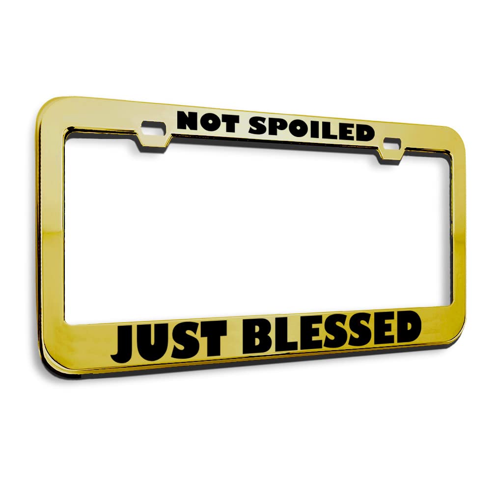 Jesus Religious Metal License Plate Frame - Not Spoiled Just Blessed Car Tag Holder - Gold 2 Hole Design - Durable Auto Accessory for Christian Drivers & Faith-Based Vehicle Decoration