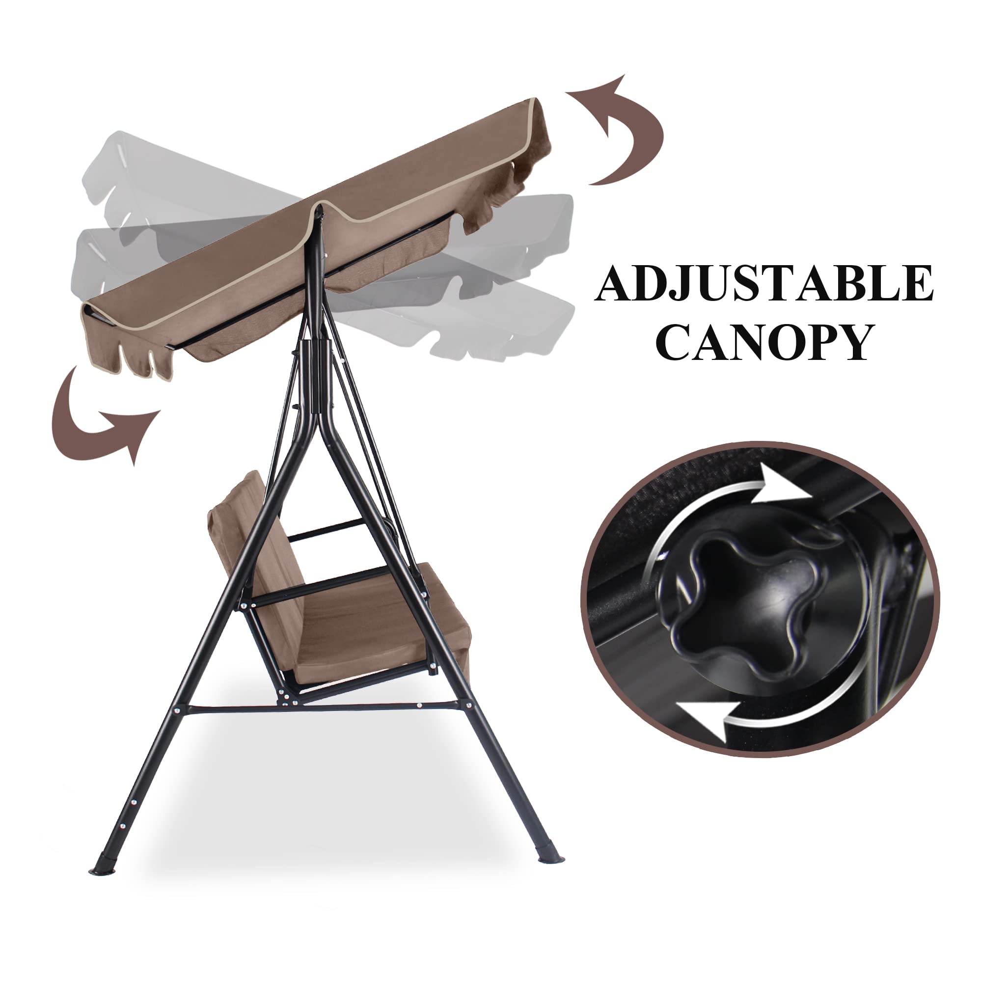3-Seats Outdoor Patio Swing Chair with Adjustable Canopy & Sturdy Steel Frame - Heavy Duty Porch Swing for Adults, Removable Cushion - Perfect for Garden, Backyard, Balcony & Deck Relaxation (Brown)