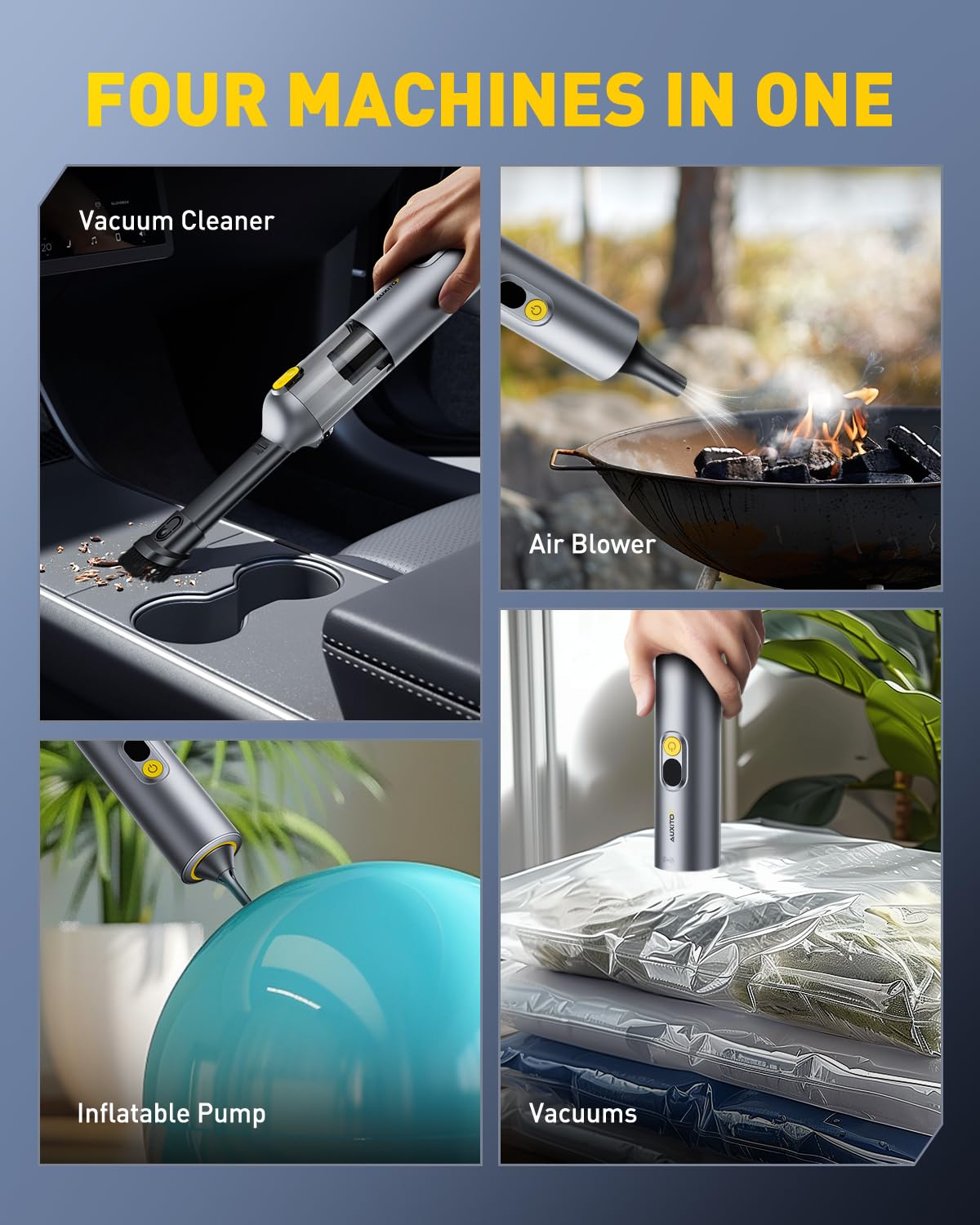 AUXITO 14000Pa Powerful Handheld Vacuum Cleaner for Car & Home - 2-in-1 Portable Mini Vacuum with Blow & Suction Function, Ideal for Pet Hair, Office Cleaning & Car Detailing (Silver)