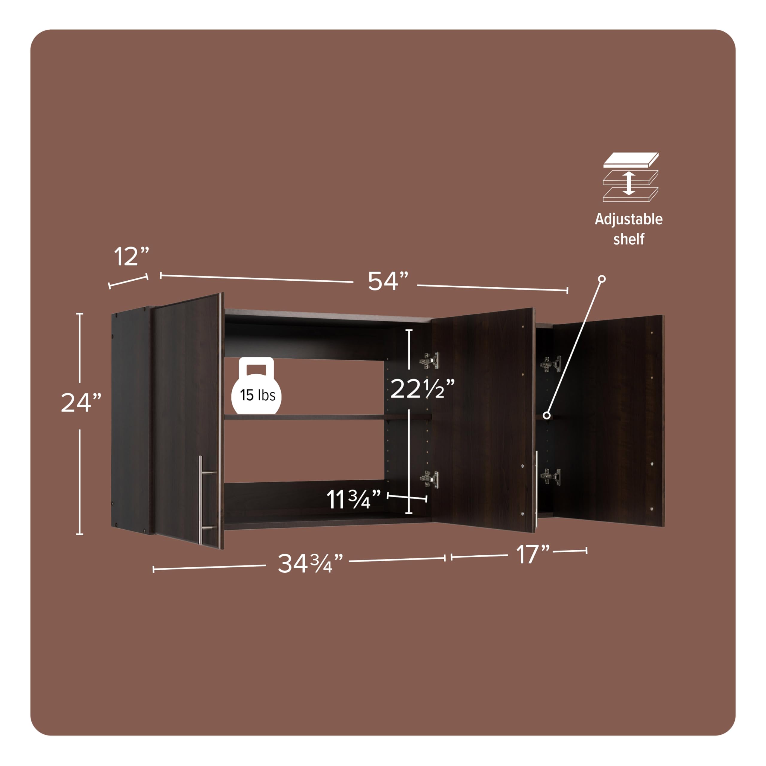 Prepac Elite 54-Inch Wall Mounted Storage Cabinet with 2 Adjustable Shelves - Brown Bathroom & Pantry Organizer (12