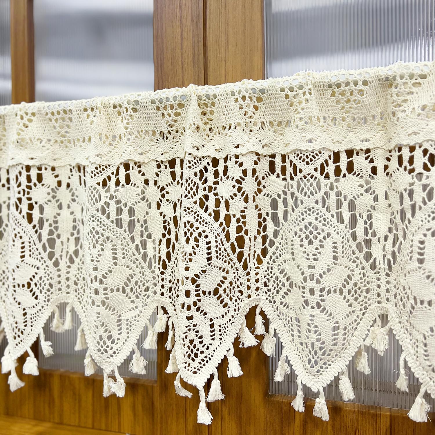 Rustic Crochet Cotton Lace Kitchen Valance Curtains - Farmhouse Tassel Window Treatments for Small Windows (59