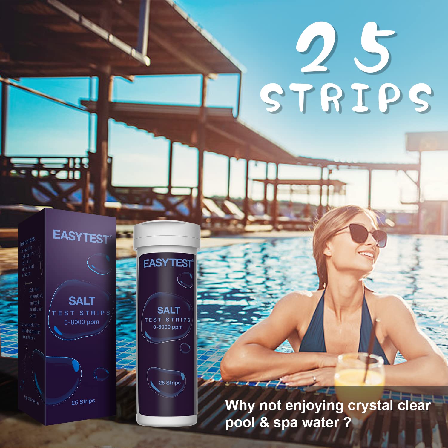 Saltwater Pool Test Strips Kit - 25 Count | Accurate 0-8000 ppm Sodium Chloride Testing for Swimming Pools & Spas | Monitor Salt Levels for Crystal Clear Water & Optimal Performance