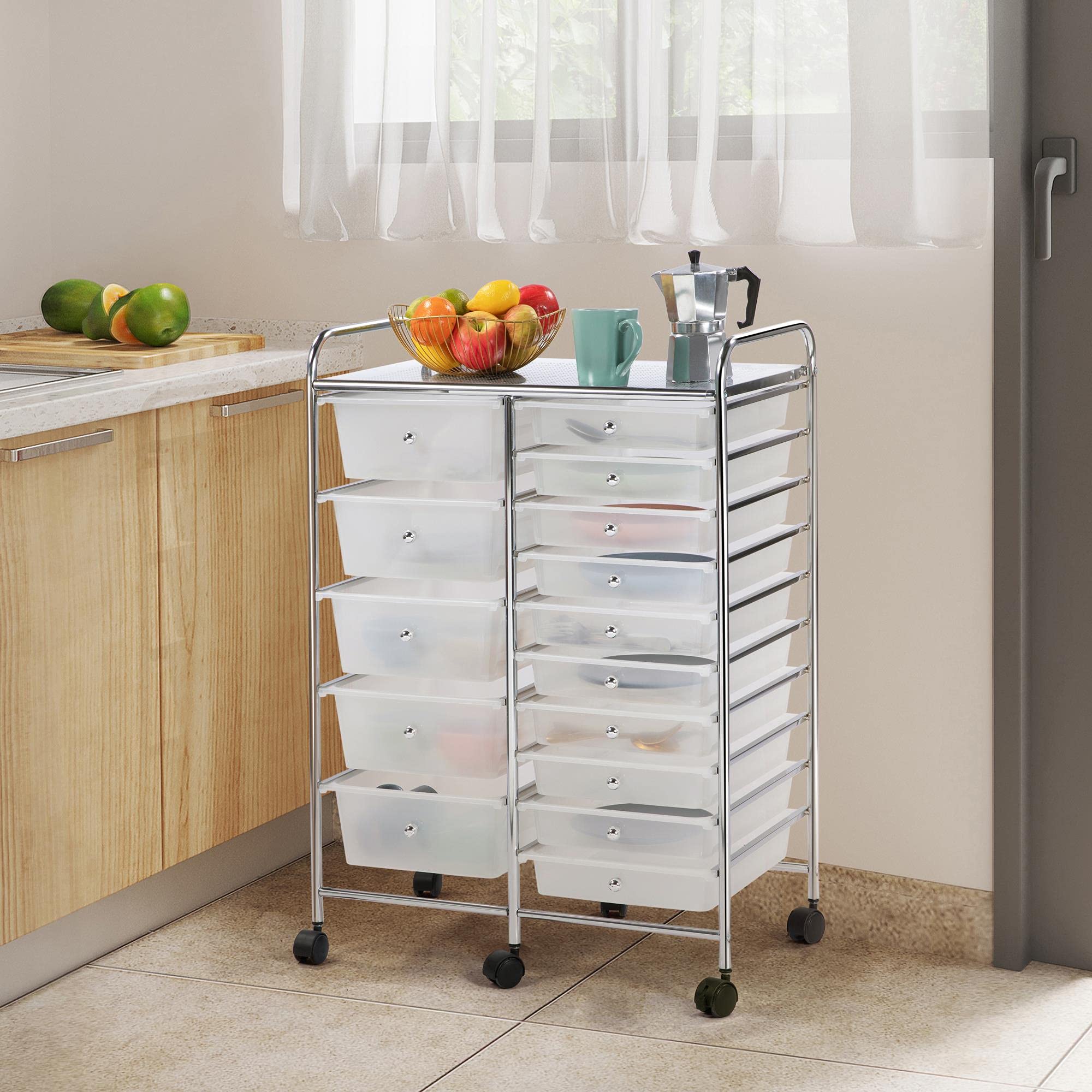 Yaheetech 15-Drawer Rolling Cart - Mobile Storage Organizer for Home & Office, White