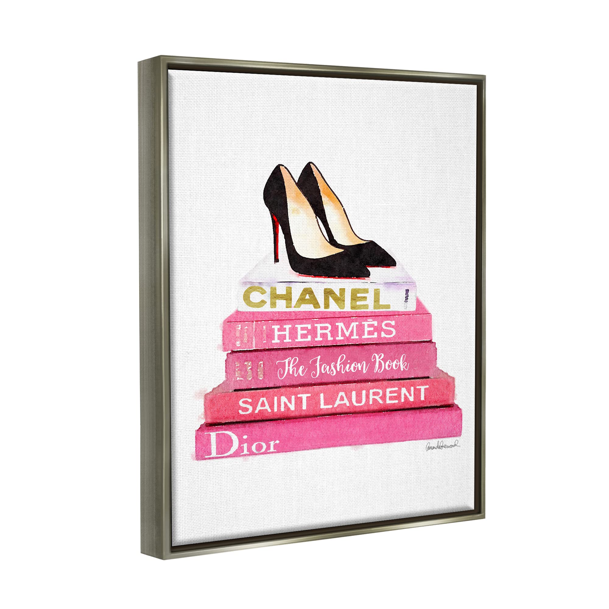 Stupell Industries Glam Pink Fashion Books Black Pump Heels Wall Art - Chic Shoe Illustration by Amanda Greenwood - Perfect for Bedroom, Living Room & Office Decor