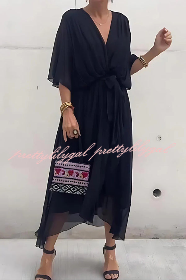 Elegant Solid Color V-Neck Batwing Sleeve Lace-Up Asymmetrical Hem Midi Dress for Women | Party, Cocktail, Wedding & Evening Occasions
